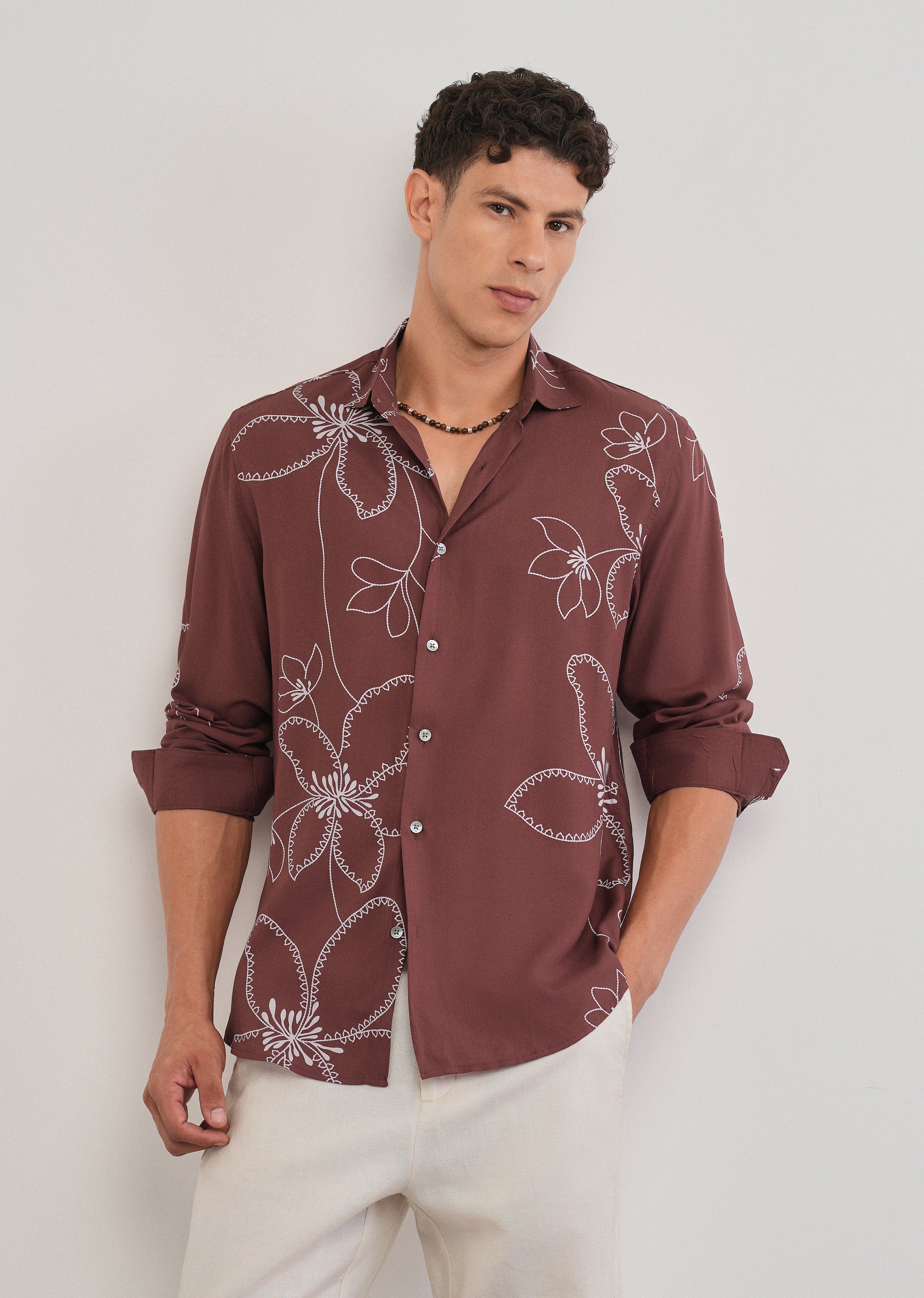 Burnt Umber Artistic Floral Printed Shirt