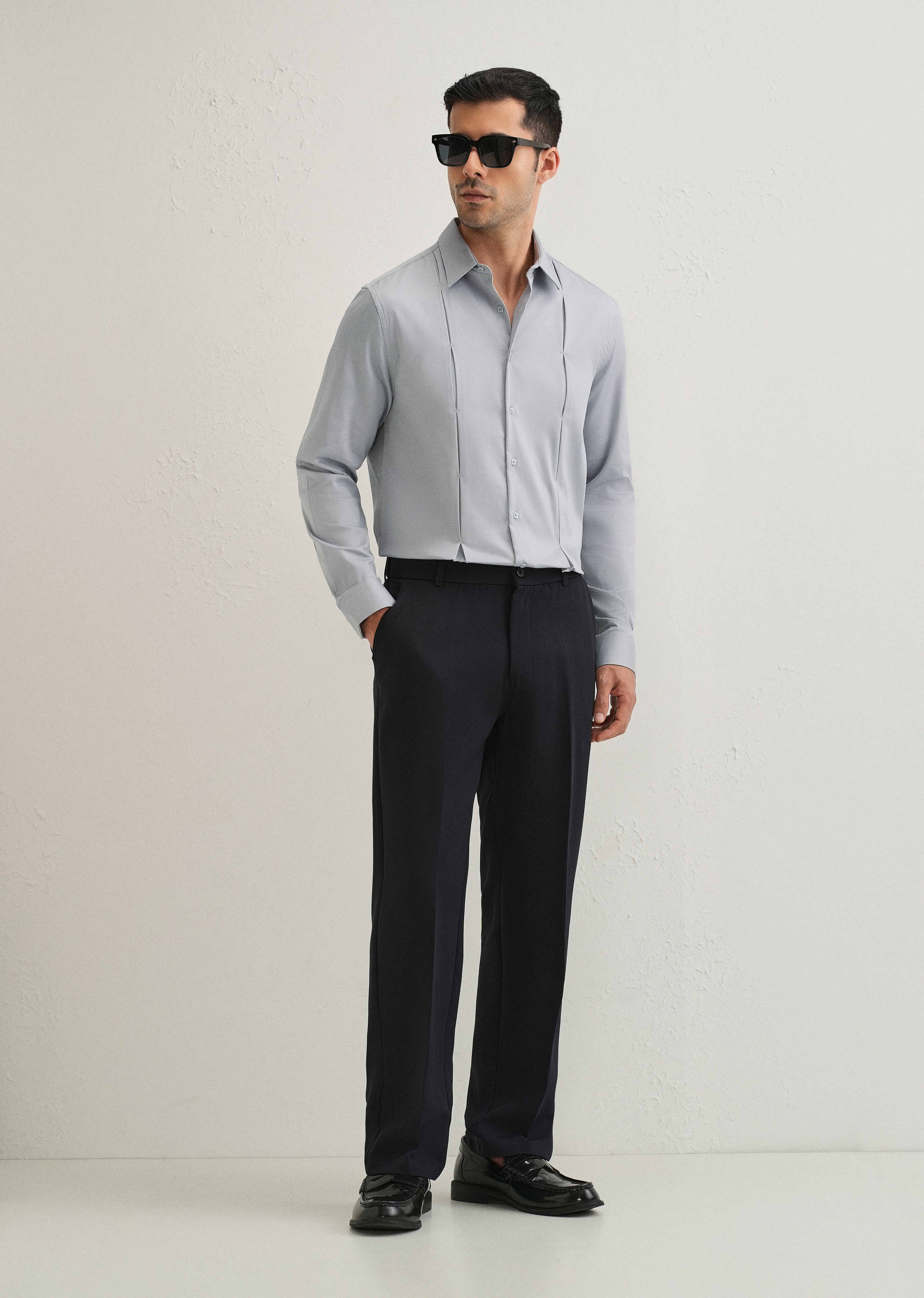 Ash Grey Front Panel Open Pleat Shirt