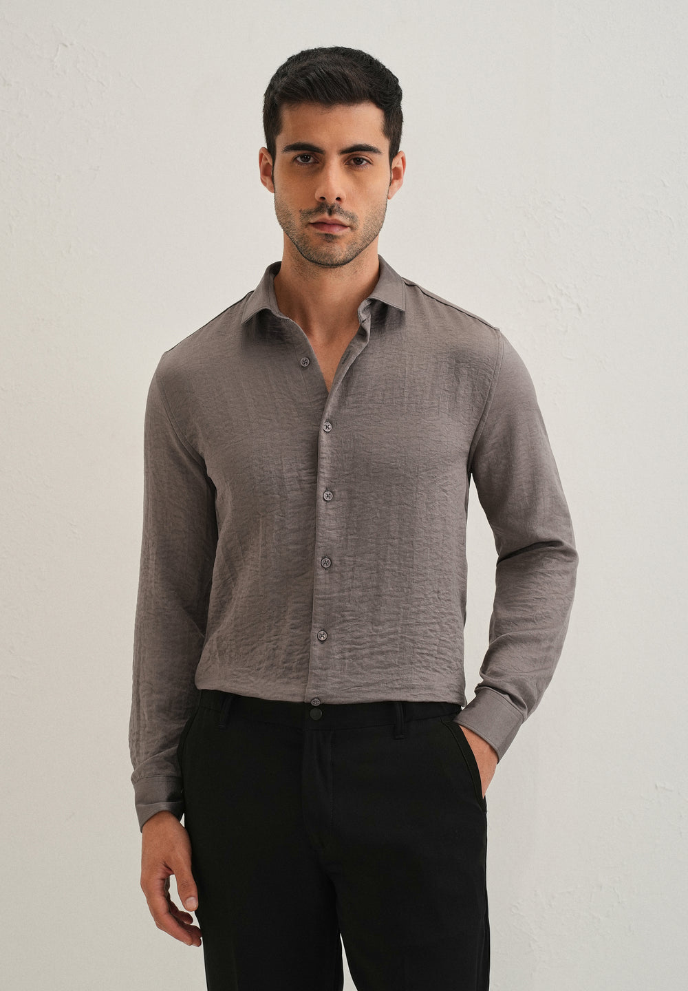 Ash Grey Plain Crushed Satin Shirt
