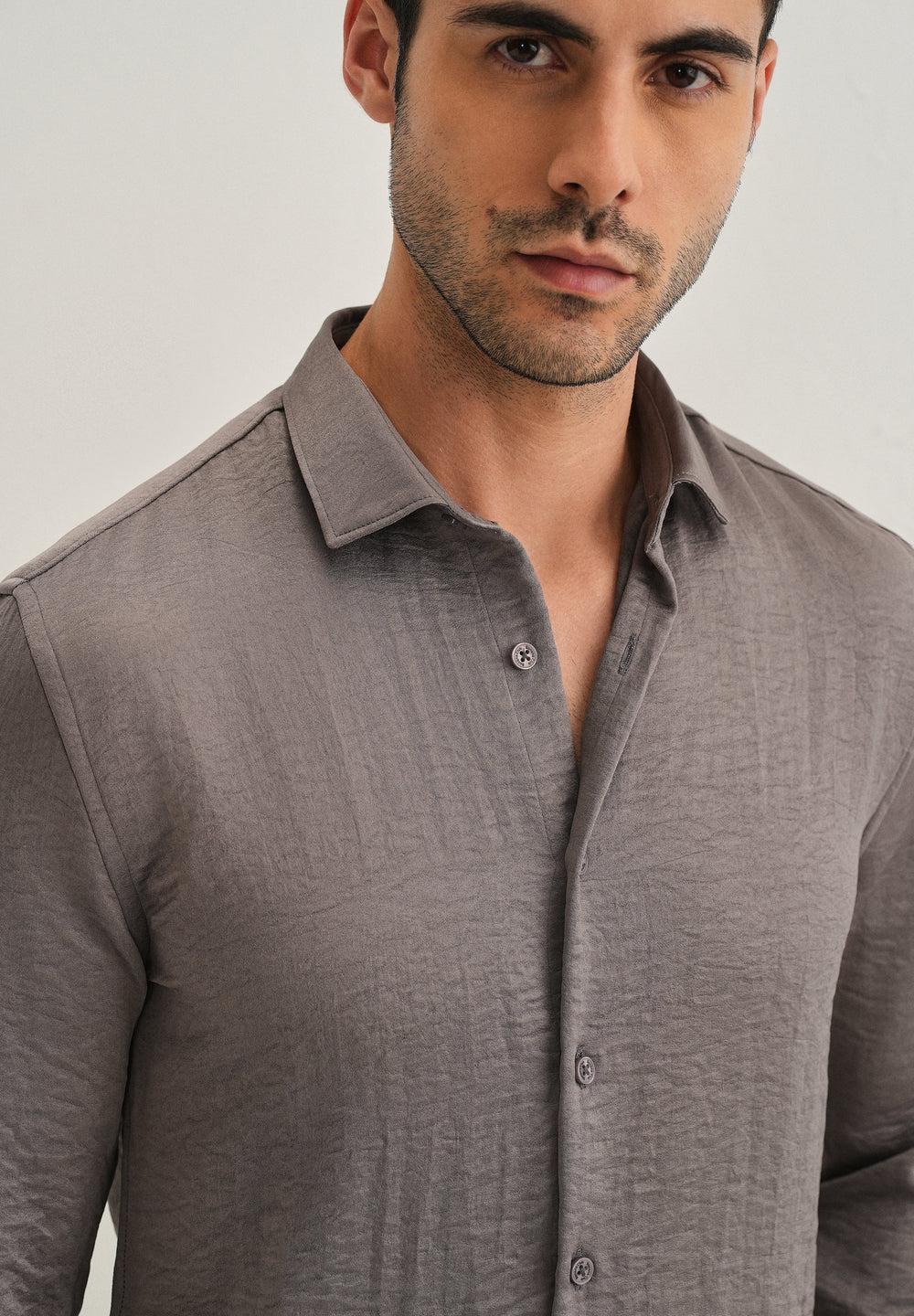 Ash Grey Plain Crushed Satin Shirt