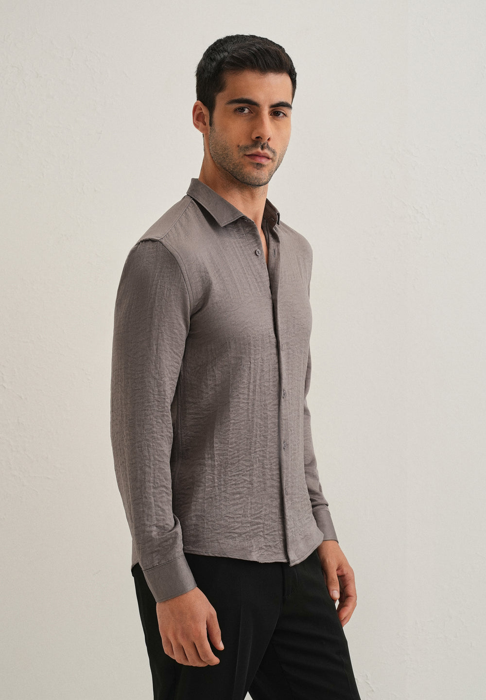 Ash Grey Plain Crushed Satin Shirt