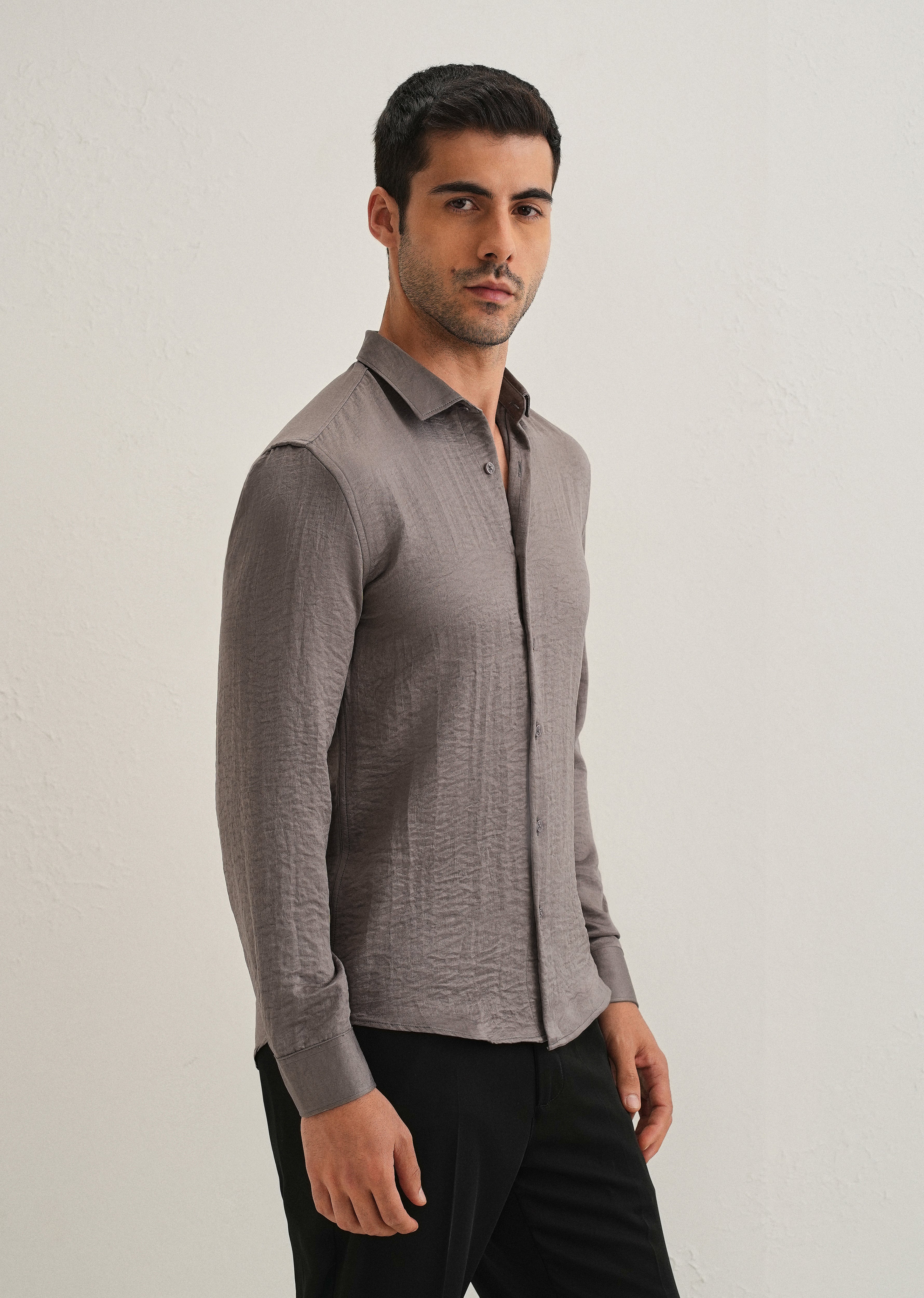 Ash Grey Plain Crushed Satin Shirt