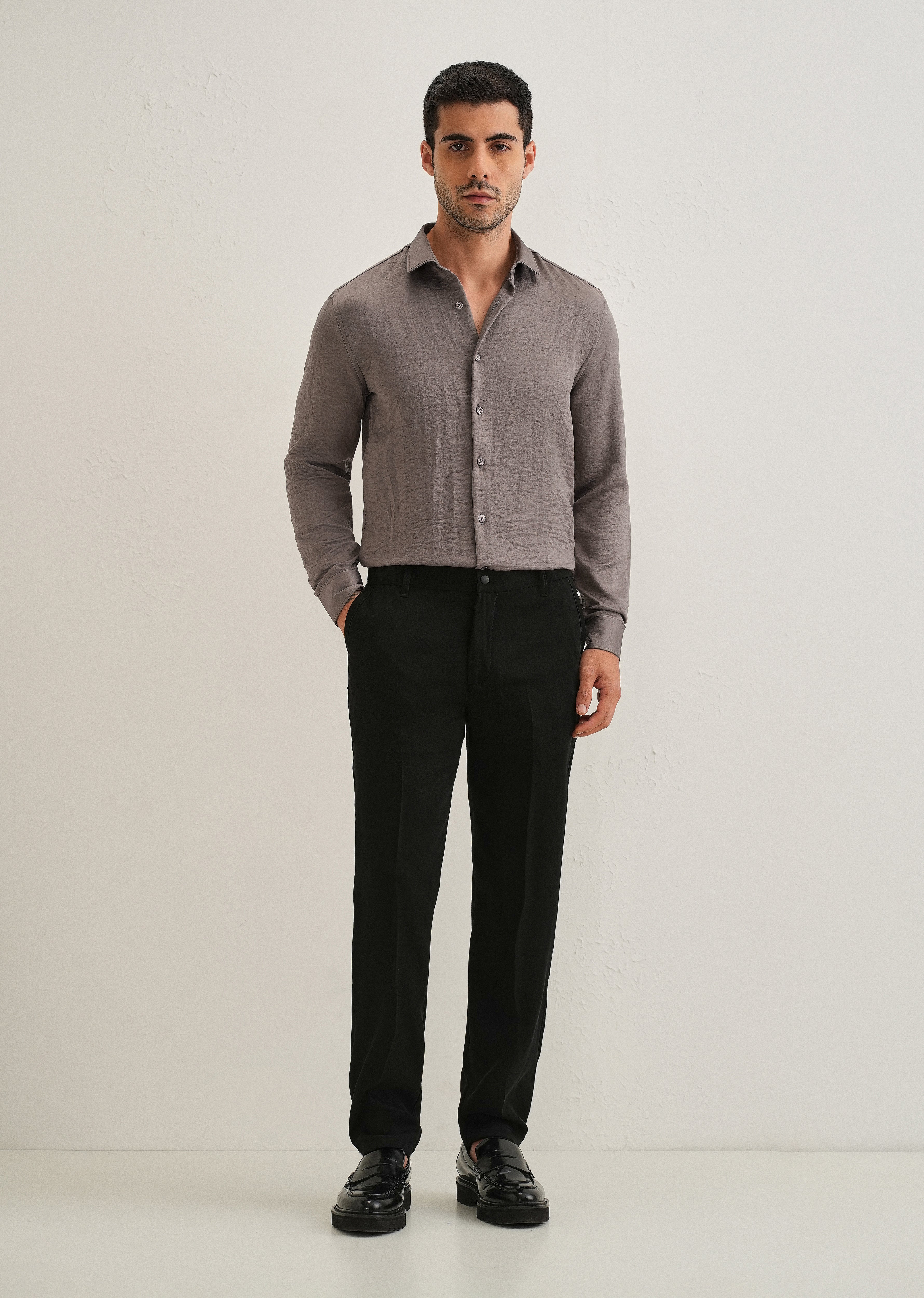 Ash Grey Plain Crushed Satin Shirt