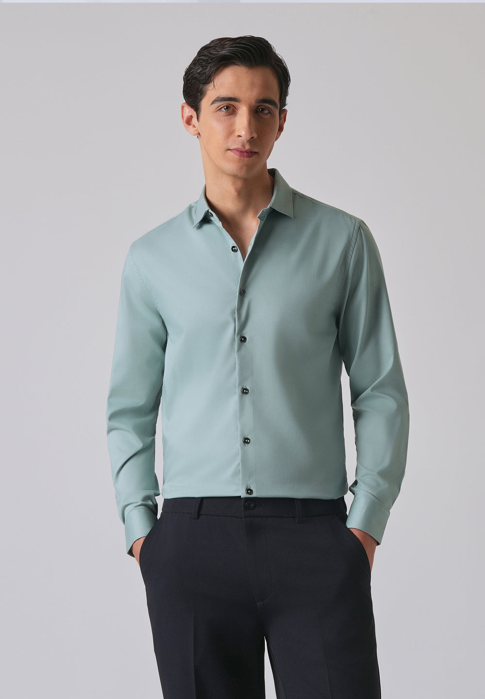 Ash Green Cotton Stretch Plain Shirt