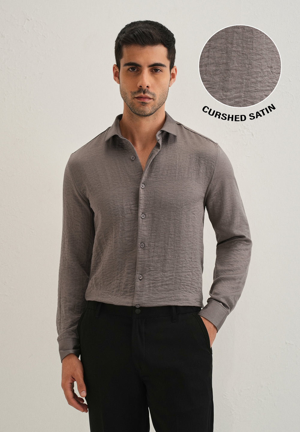 Ash Grey Plain Crushed Satin Shirt