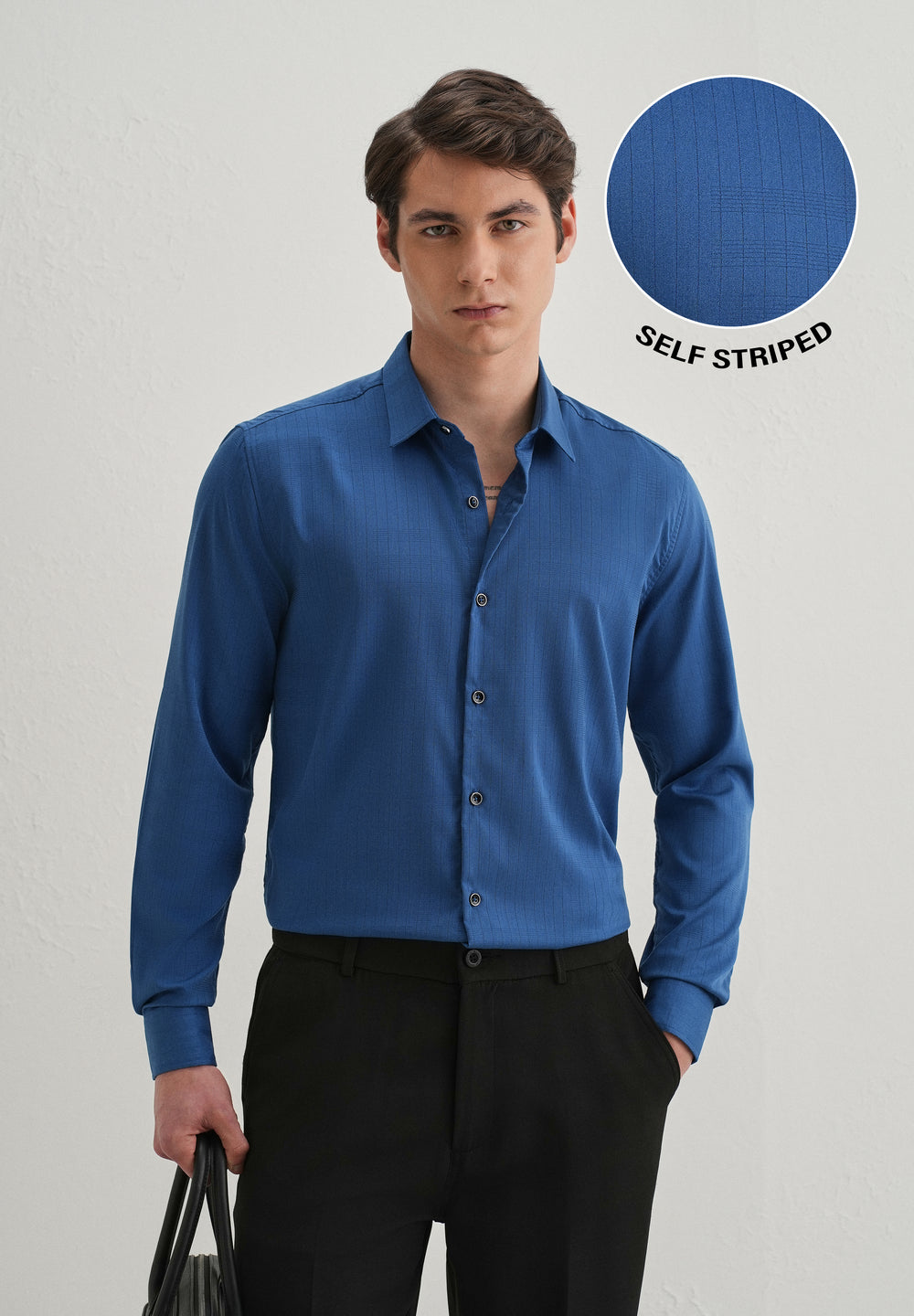 Azure Blue Self Striped Plain Shirt