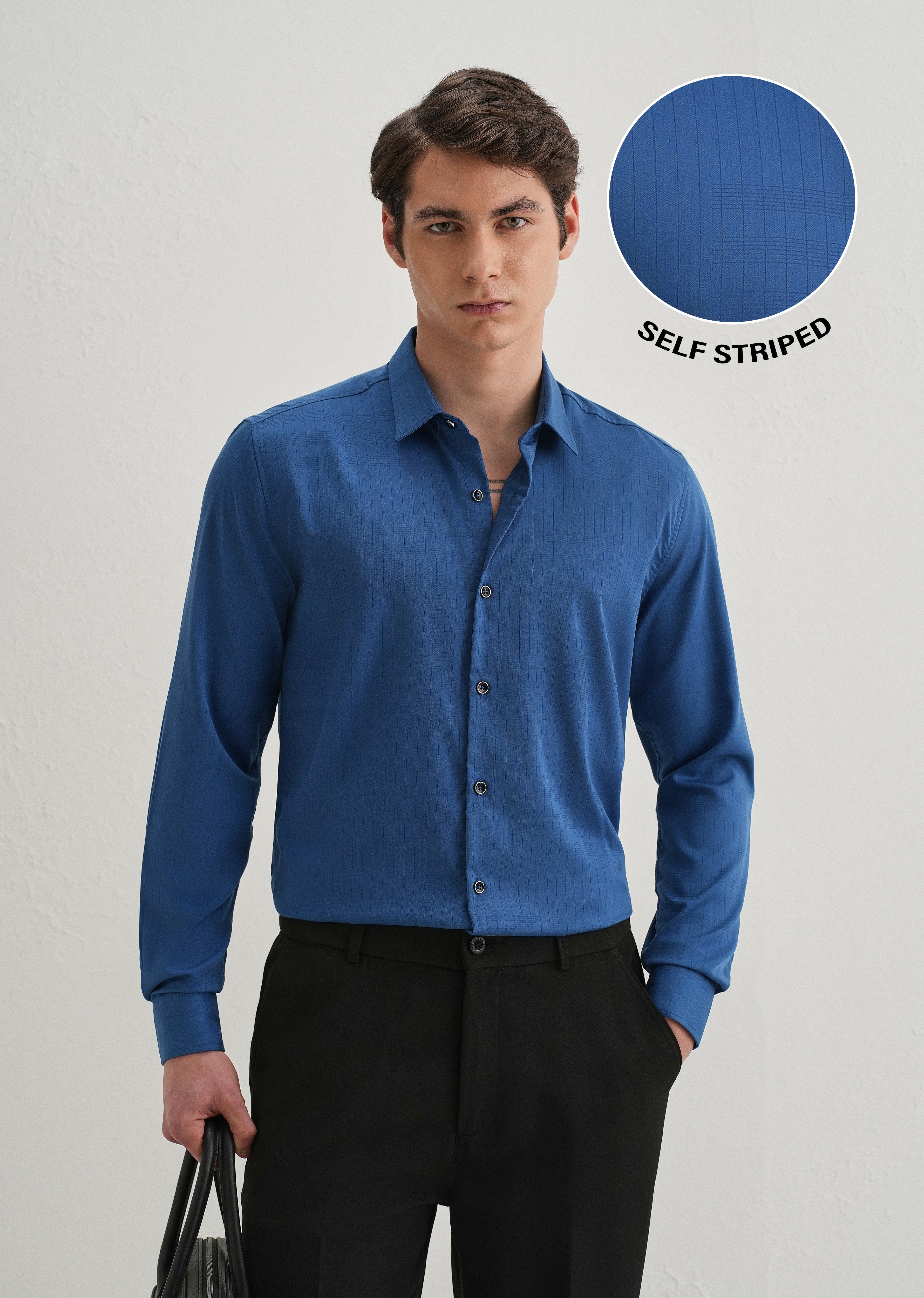 Azure Blue Self Striped Plain Shirt