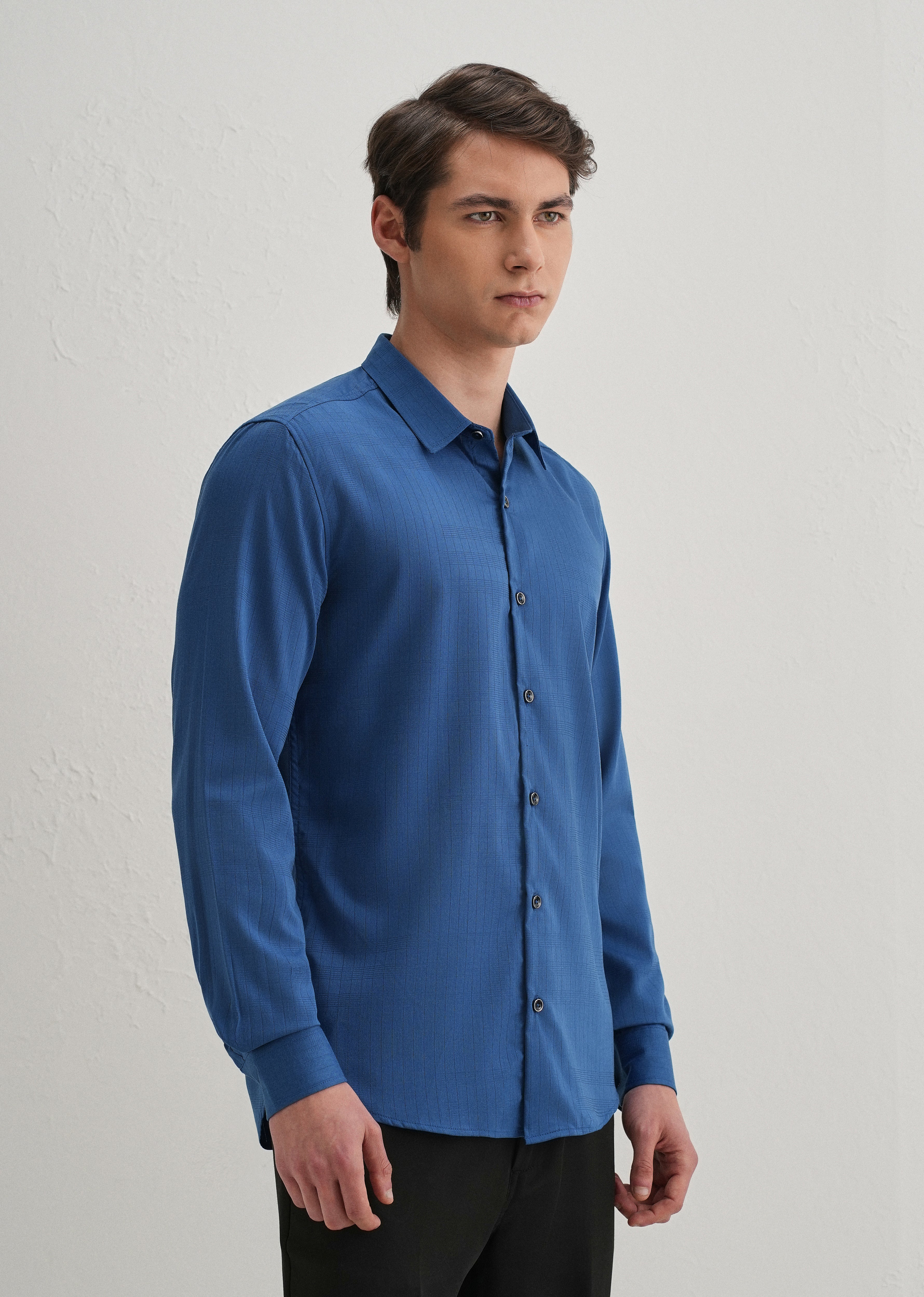 Azure Blue Self Striped Plain Shirt