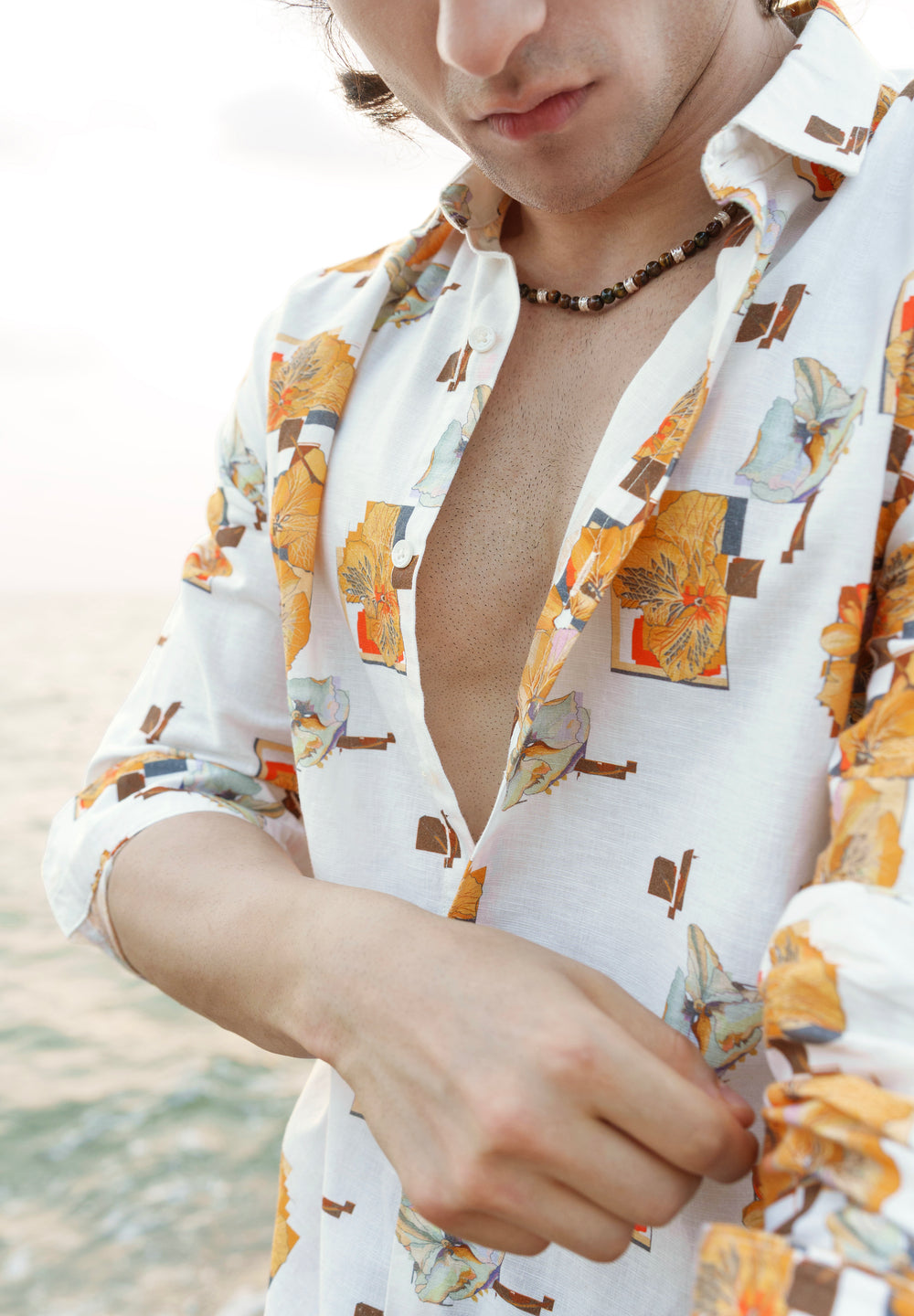 Orange Floral Print Cotton Linen Shirt