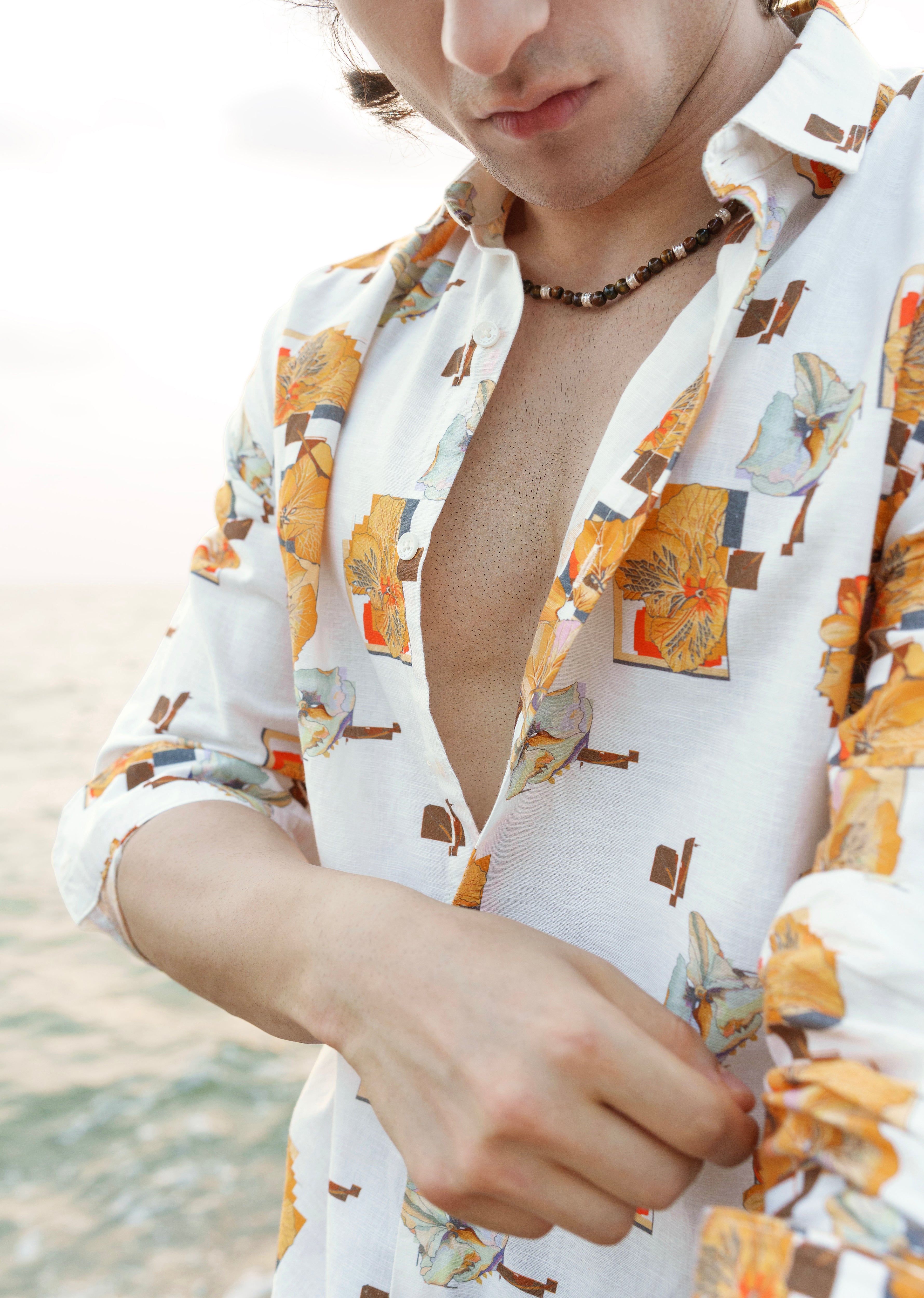 Orange Floral Print Cotton Linen Shirt