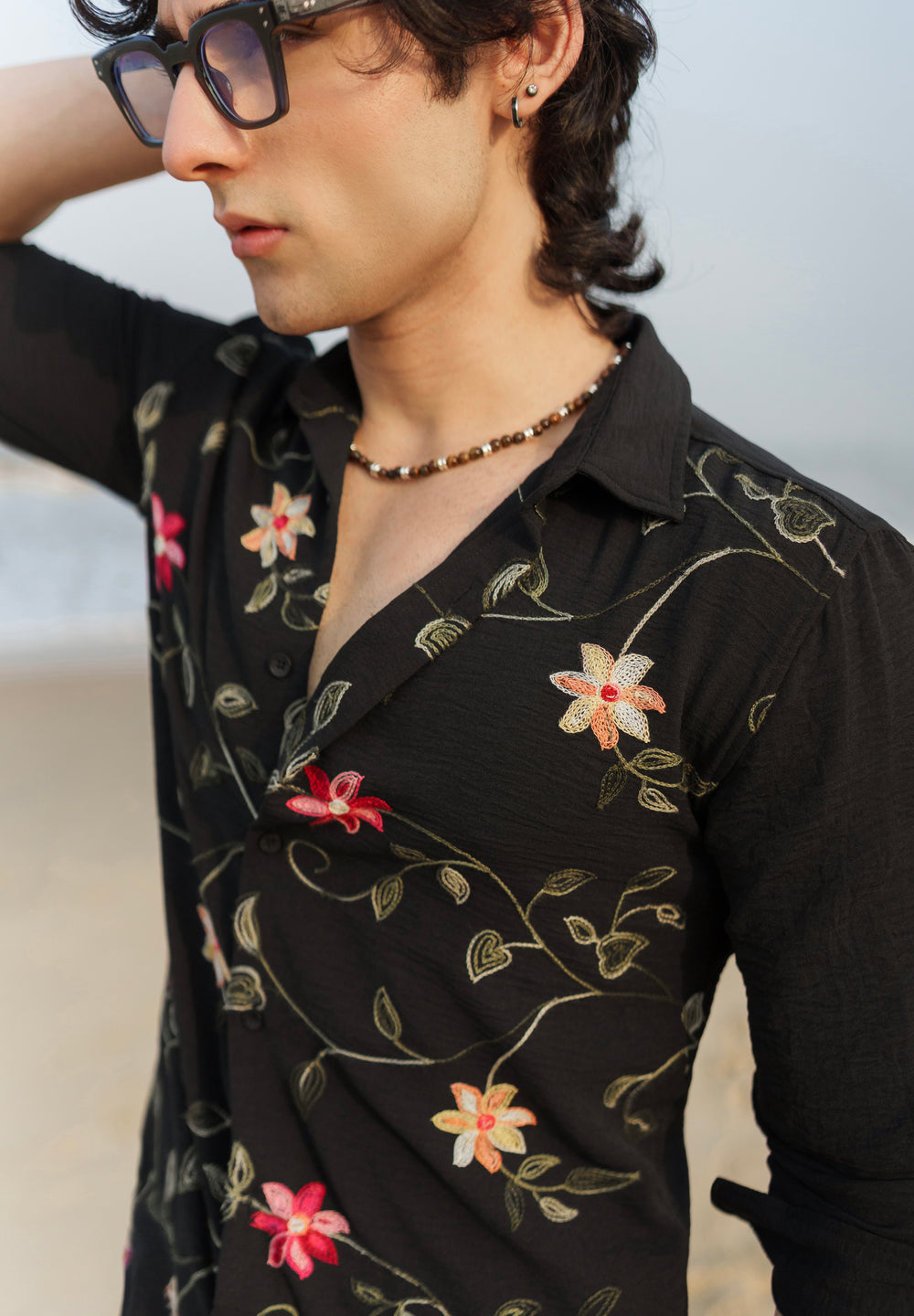 Black Floral Thread Work Shirt