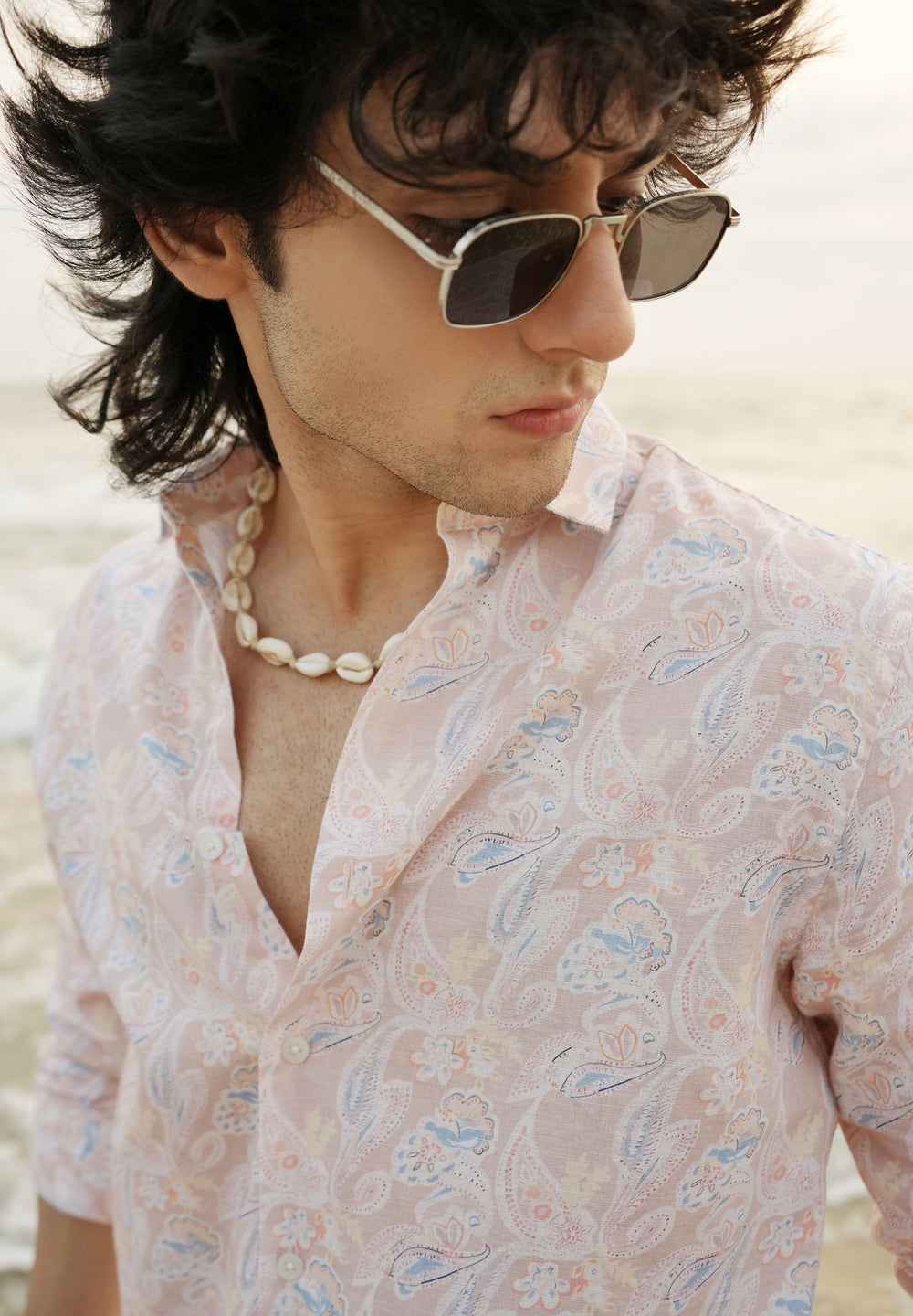 Peach Paisley Print Cotton Linen Shirt