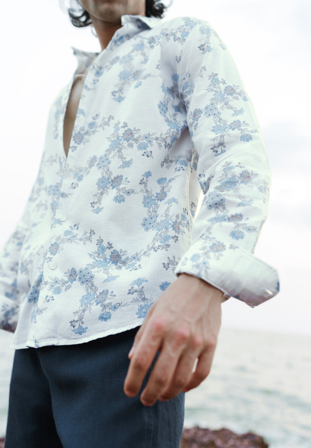 White Floral Print Cotton Linen Shirt