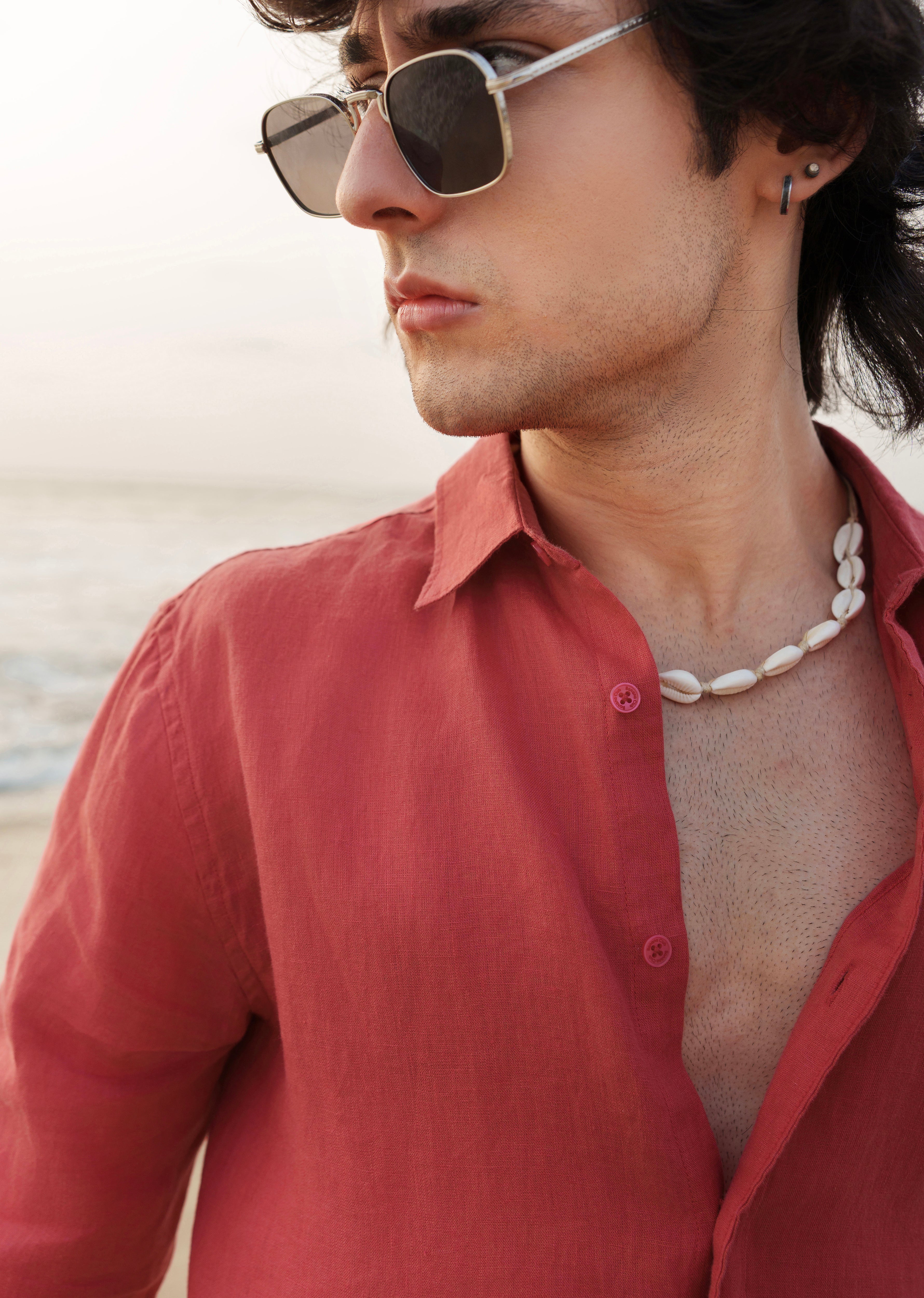 100% Pure Linen Brick Red Plain Shirt