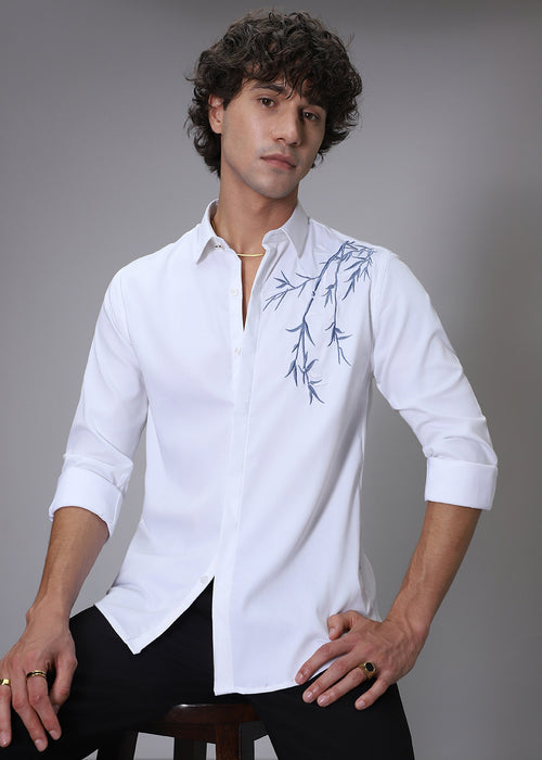 Bamboo Embroidery White Designer Shirt