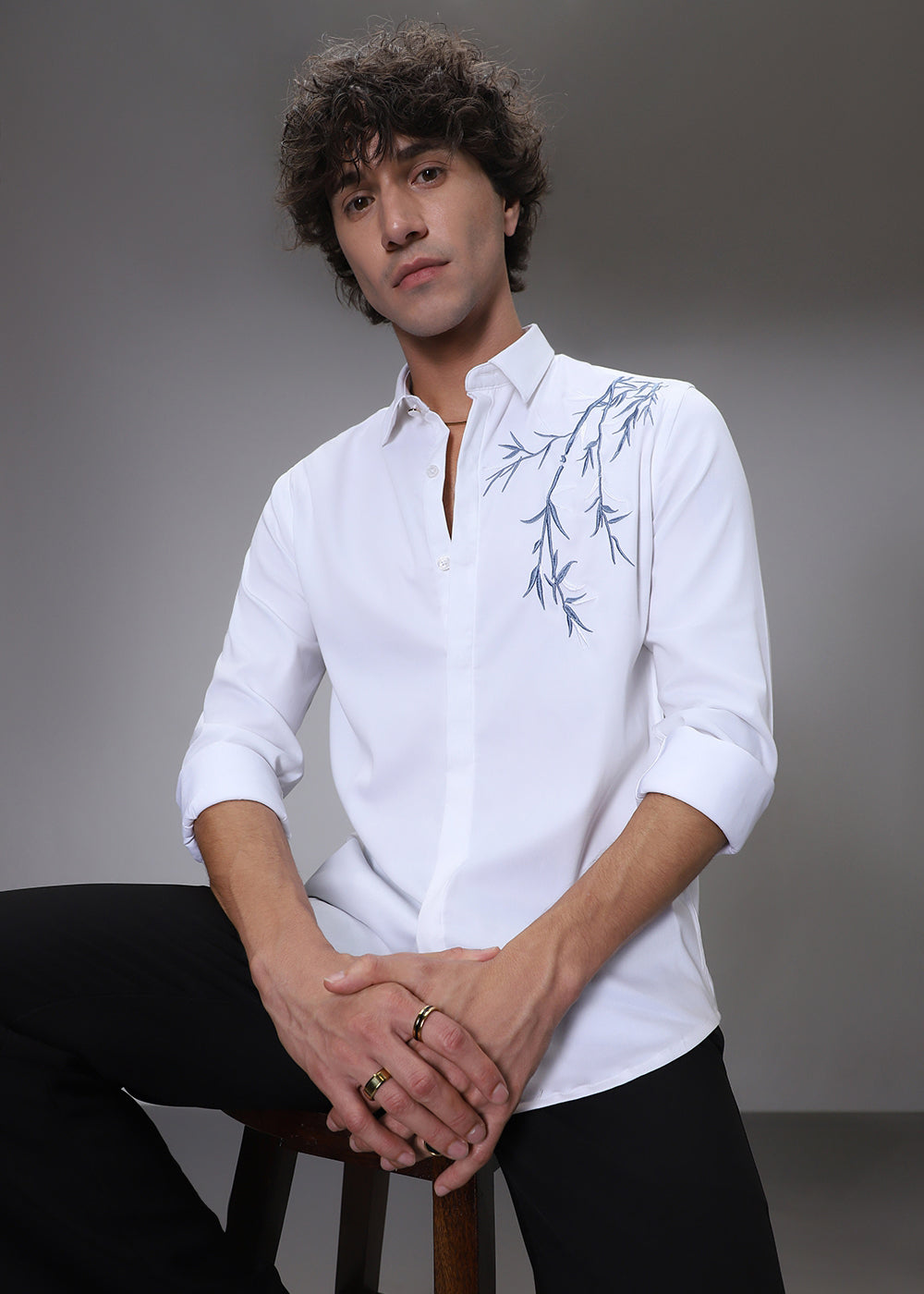 Bamboo Embroidery White Designer Shirt