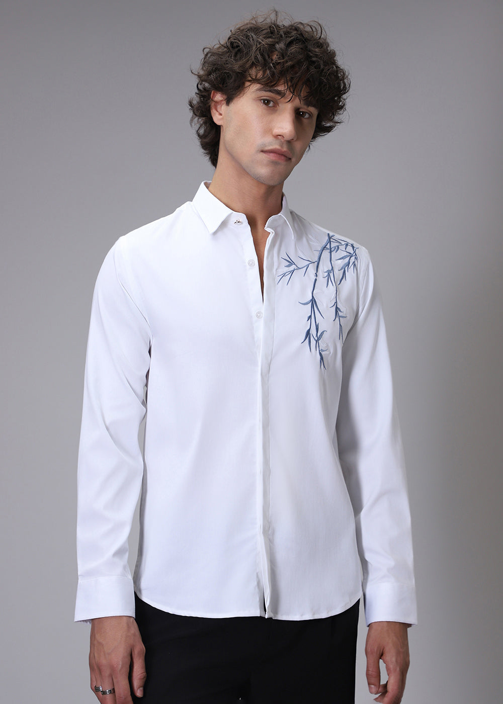 Bamboo Embroidery White Designer Shirt