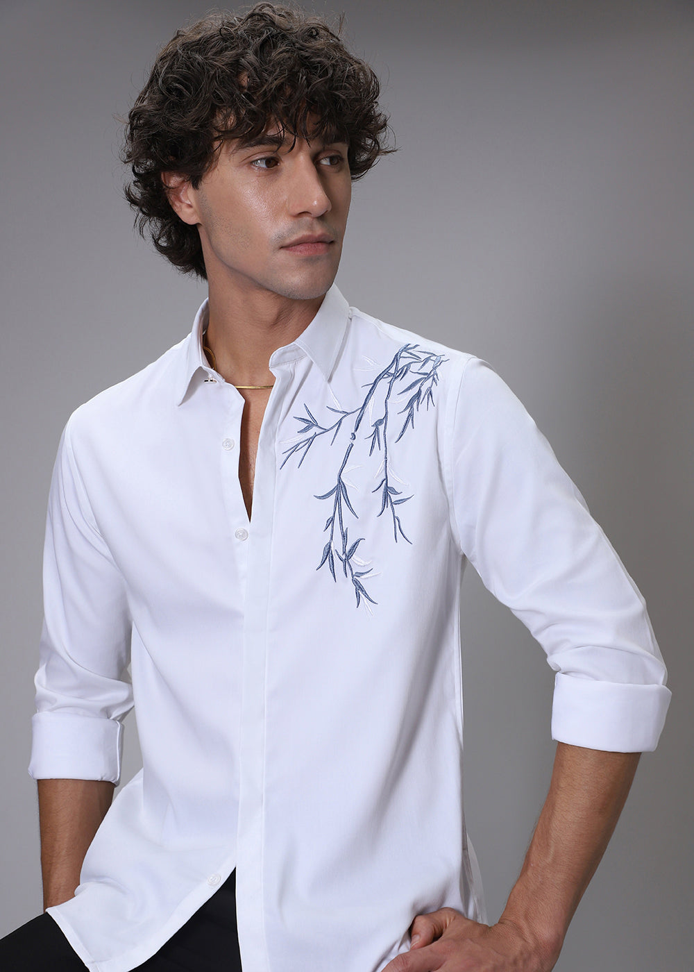 Bamboo Embroidery White Designer Shirt