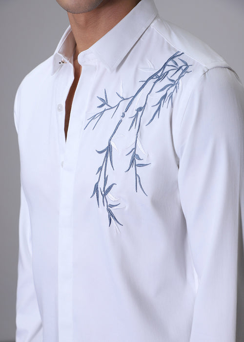 Bamboo Embroidery White Designer Shirt