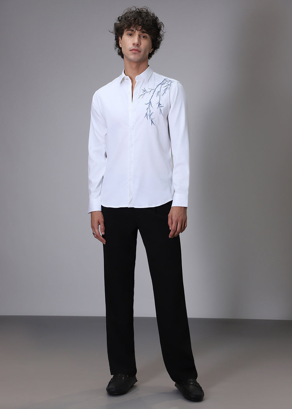 Bamboo Embroidery White Designer Shirt