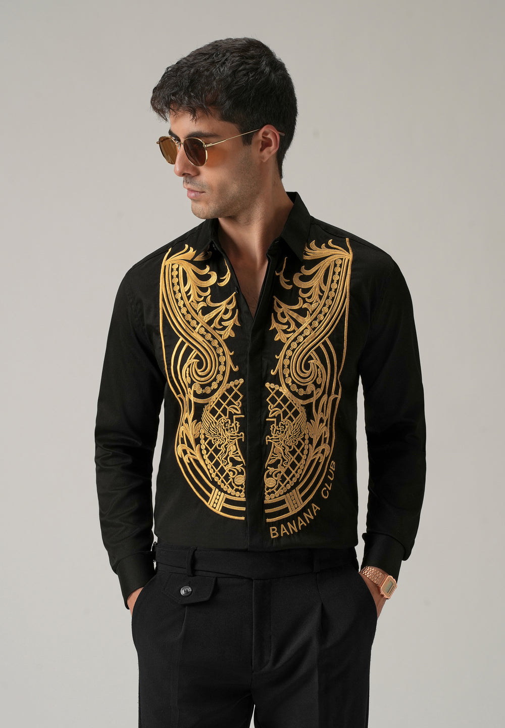 Gold Symmetric Embroidered Black Designer Shirt