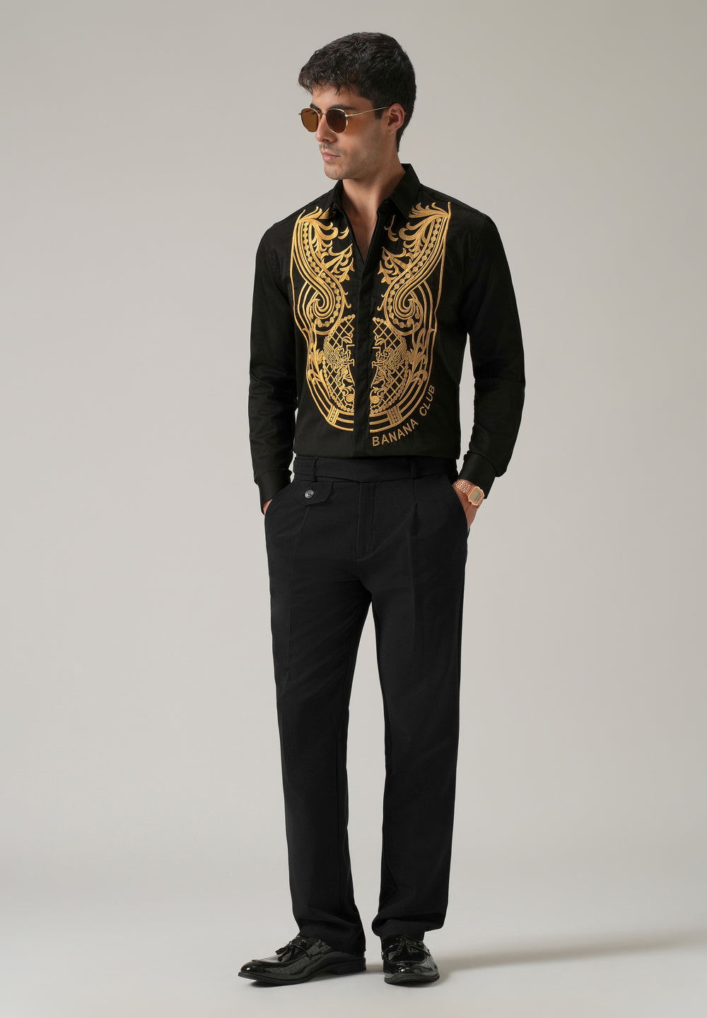 Gold Symmetric Embroidered Black Designer Shirt