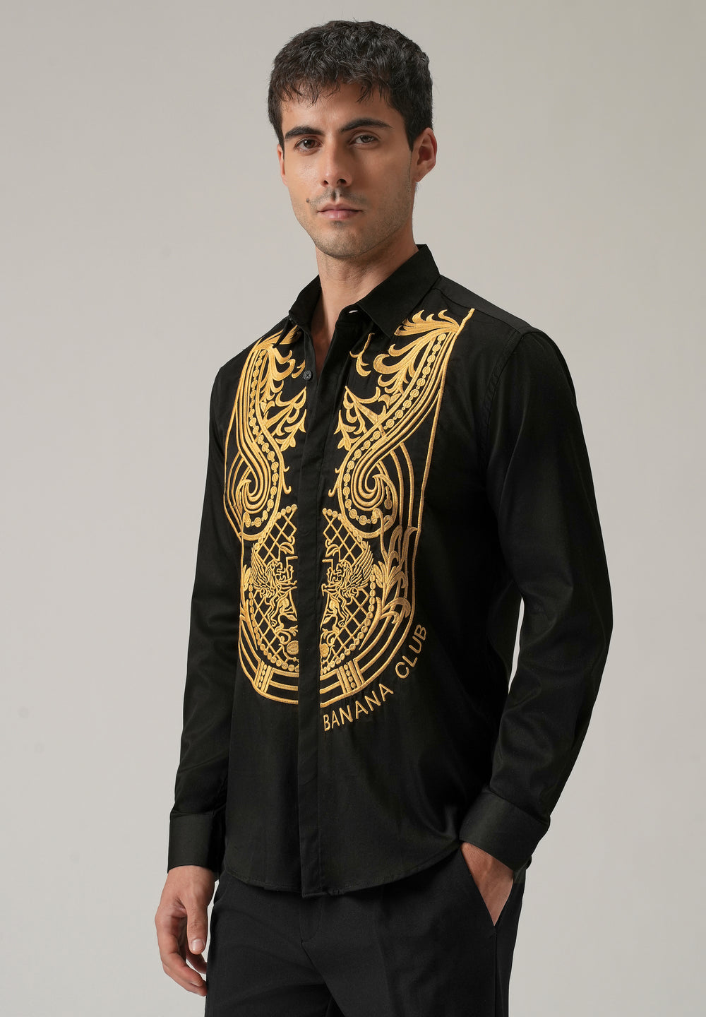 Gold Symmetric Embroidered Black Designer Shirt