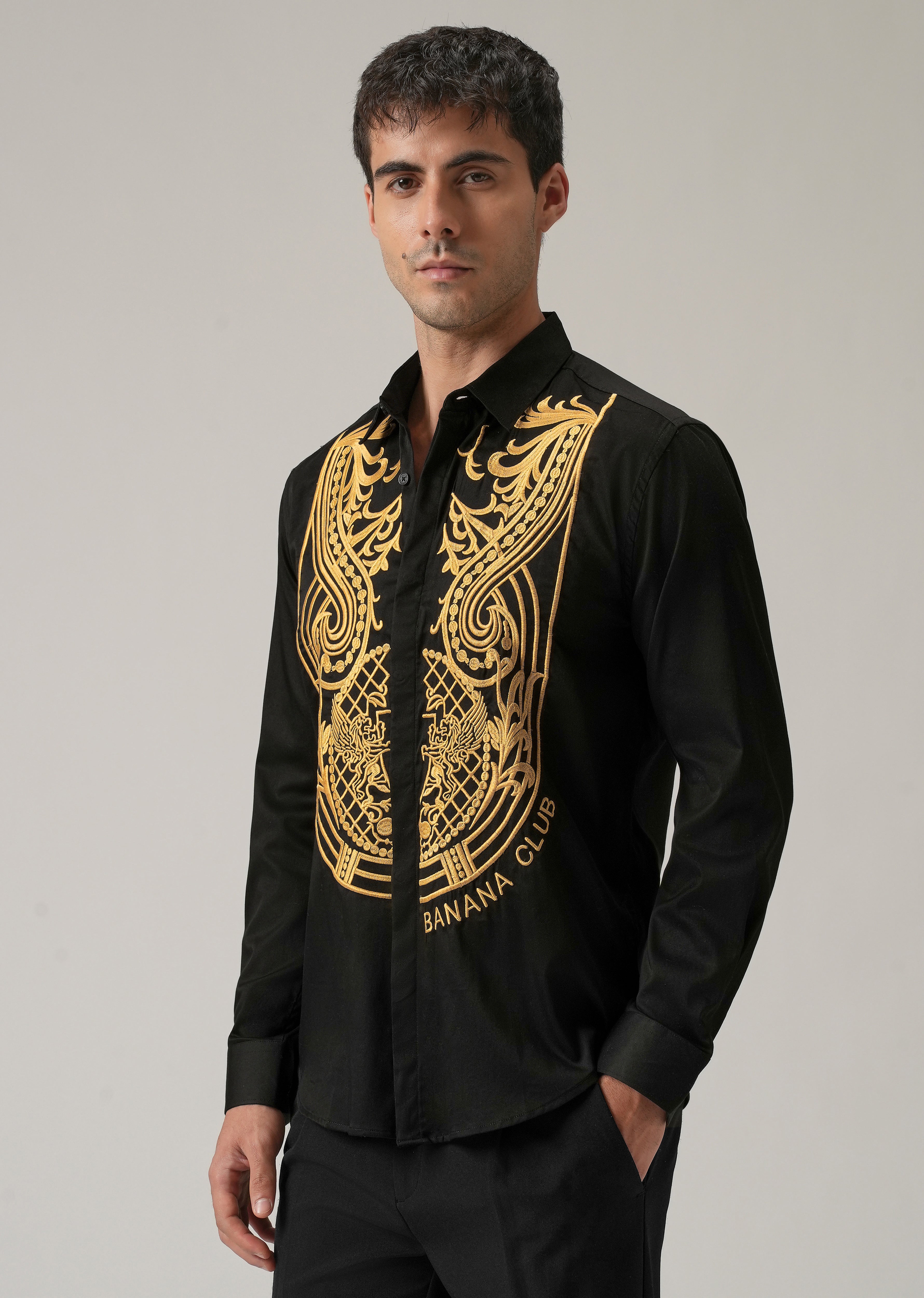 Banana Club Embroidered Black Designer Shirt