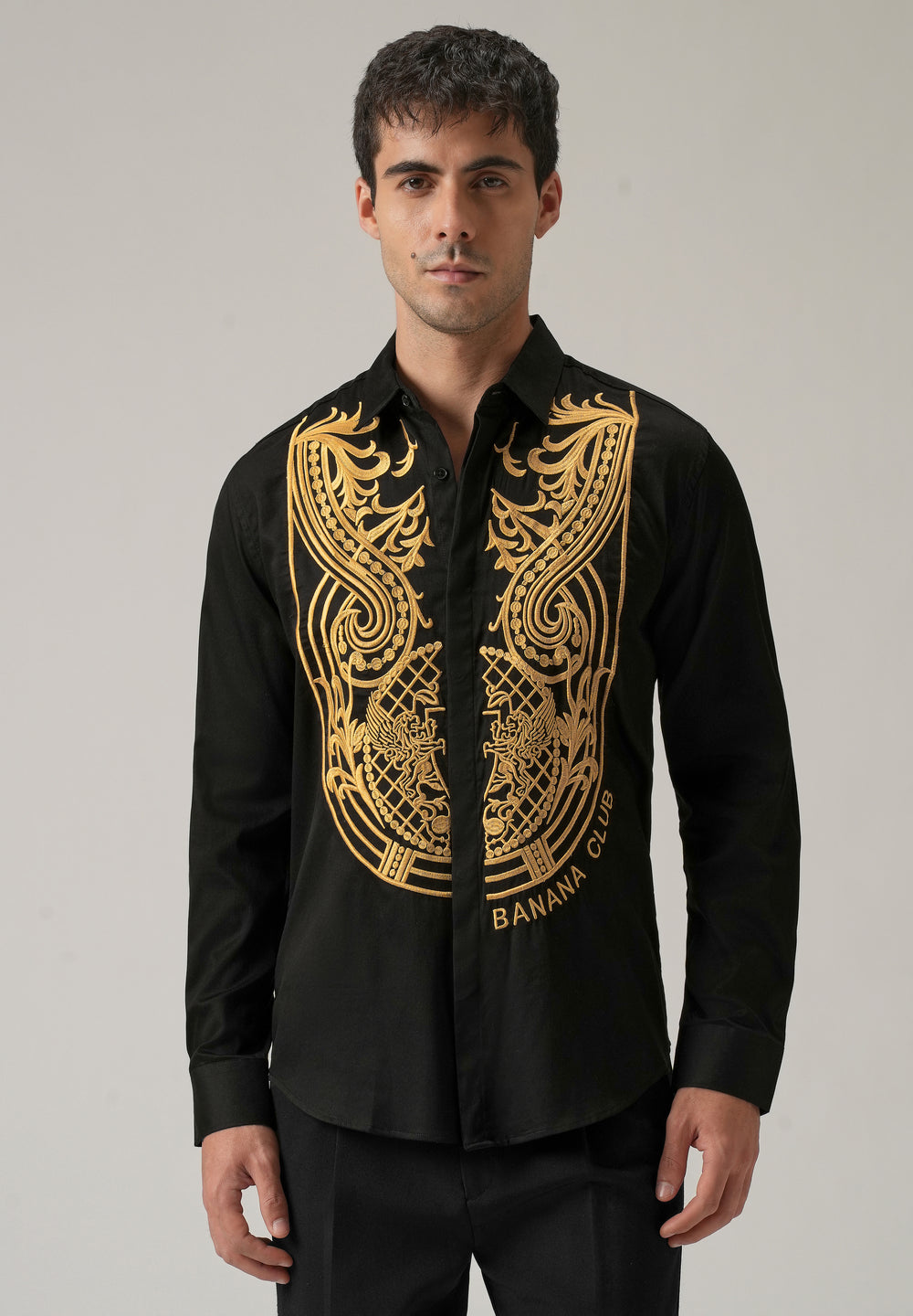 Gold Symmetric Embroidered Black Designer Shirt