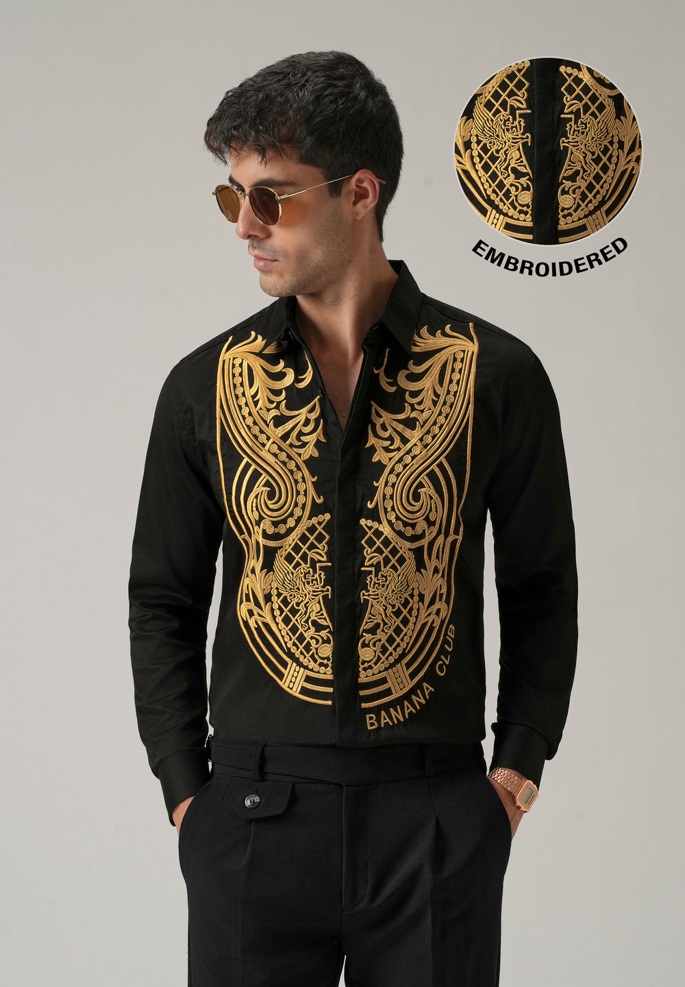 Gold Symmetric Embroidered Black Designer Shirt