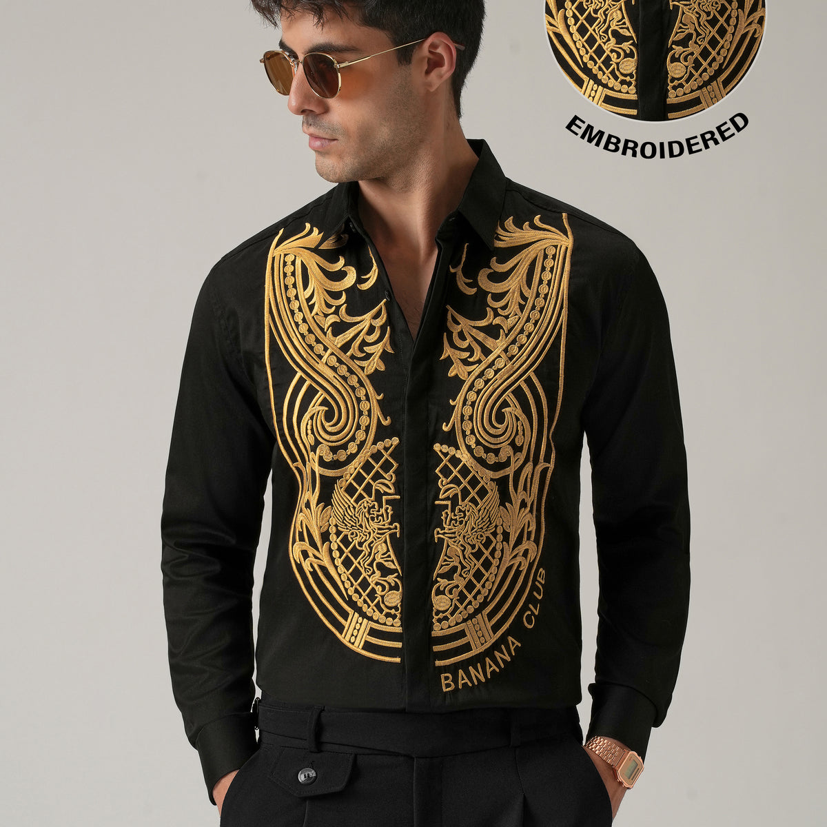 slim fit dress slacks Gold Symmetric Embroidered Black Designer Shirt