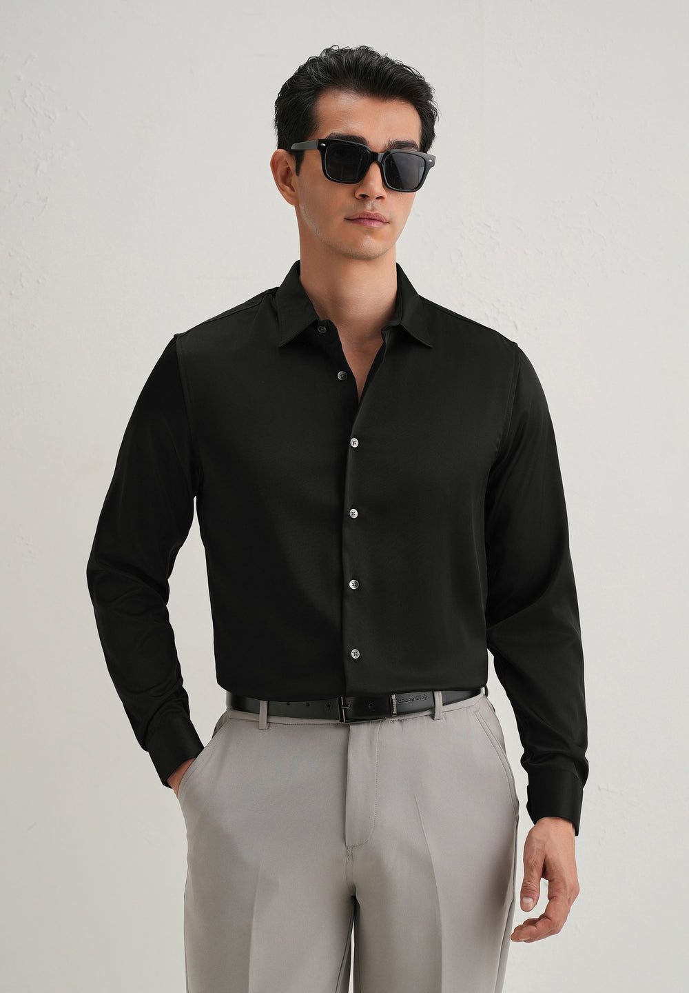 Black Premium Satin-Finish Plain Shirt