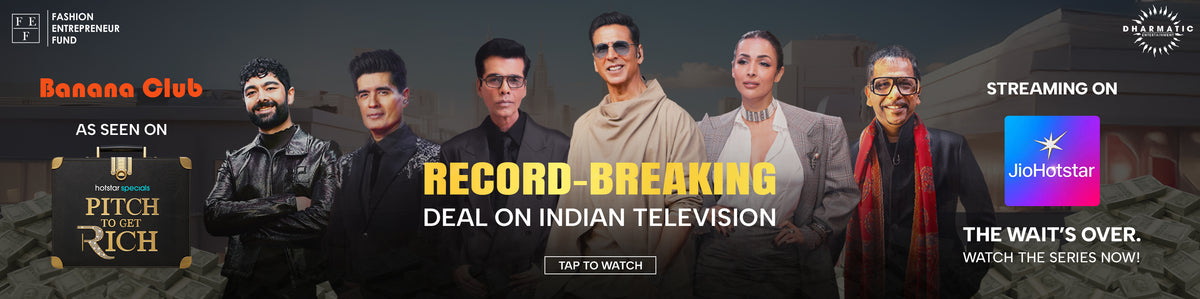 Promotional banner for Banana Club with six people in formal attire, featuring text about a record-breaking deal on Indian television.