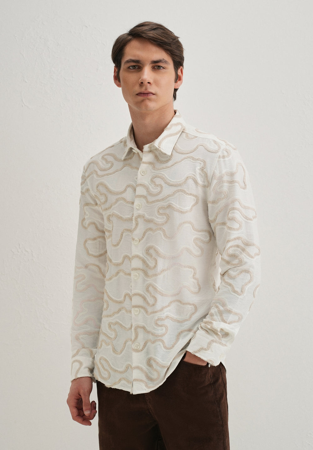 Beige Artistic Abstract Embroidery Shirt