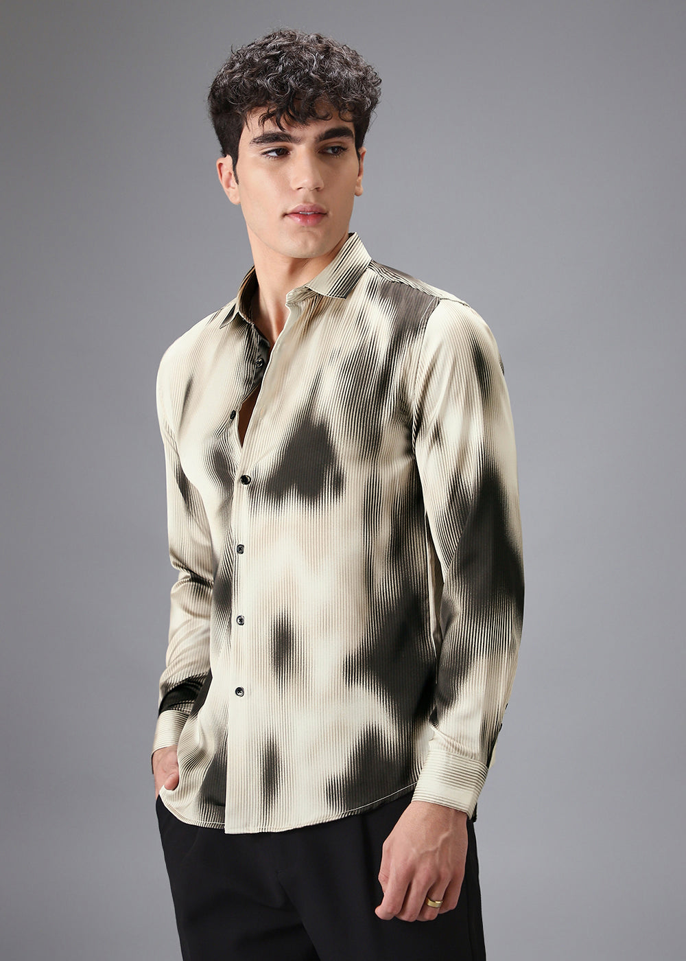 Beige Black Stripe Abstract Printed Shirt