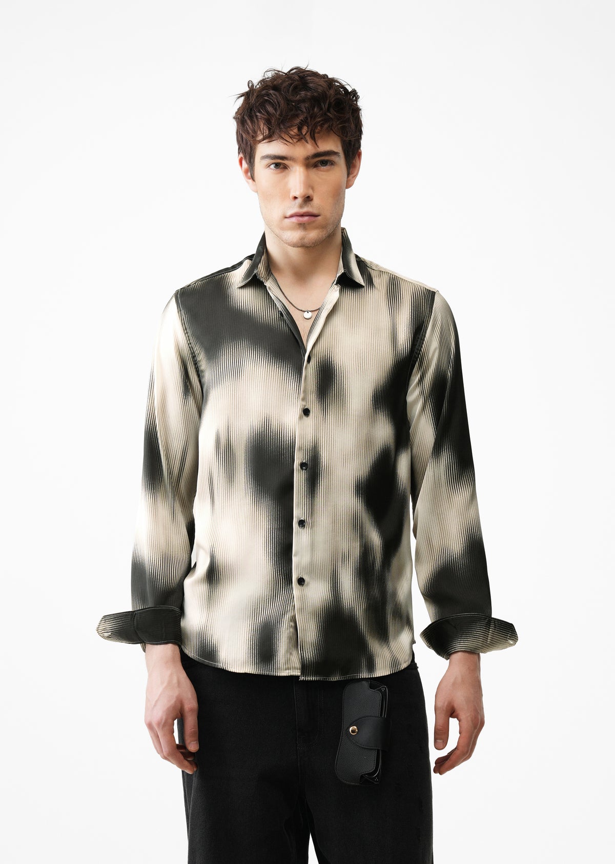 Beige & Black Abstract Stripe Printed Shirt