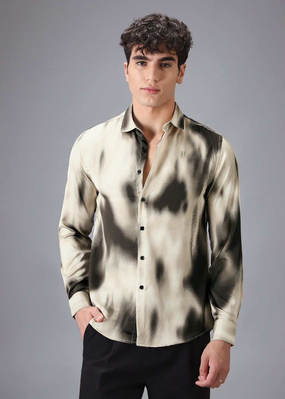 Beige Black Stripe Abstract Printed Shirt