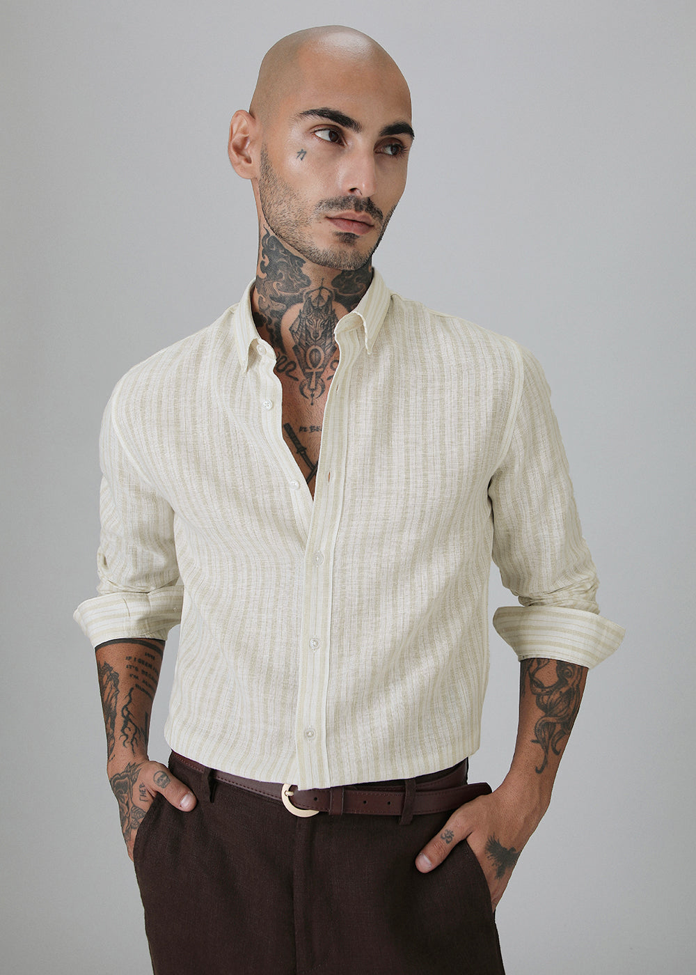 Beige Linen Stripe Shirt