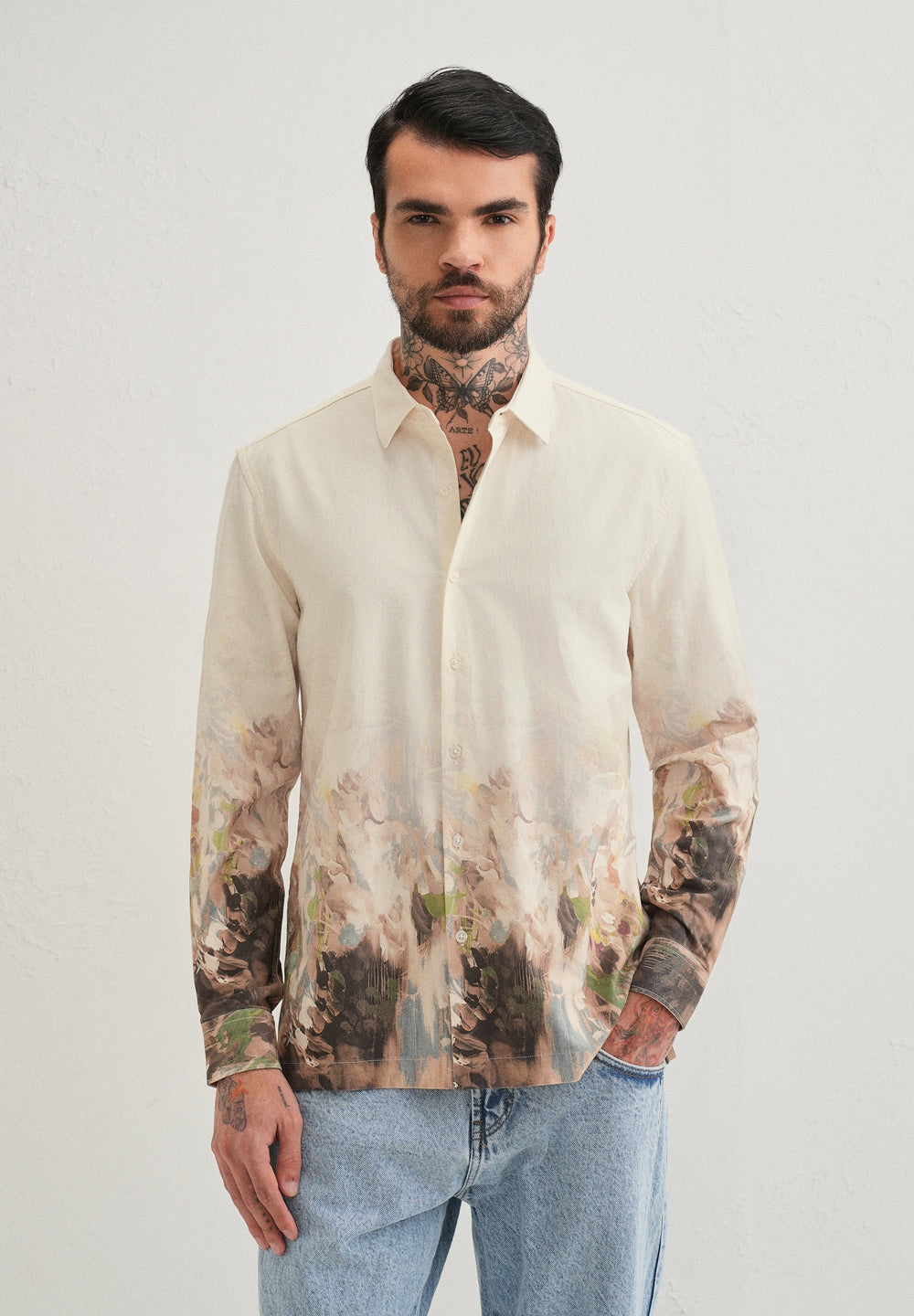 Beige Blue Abstract Printed Shirt