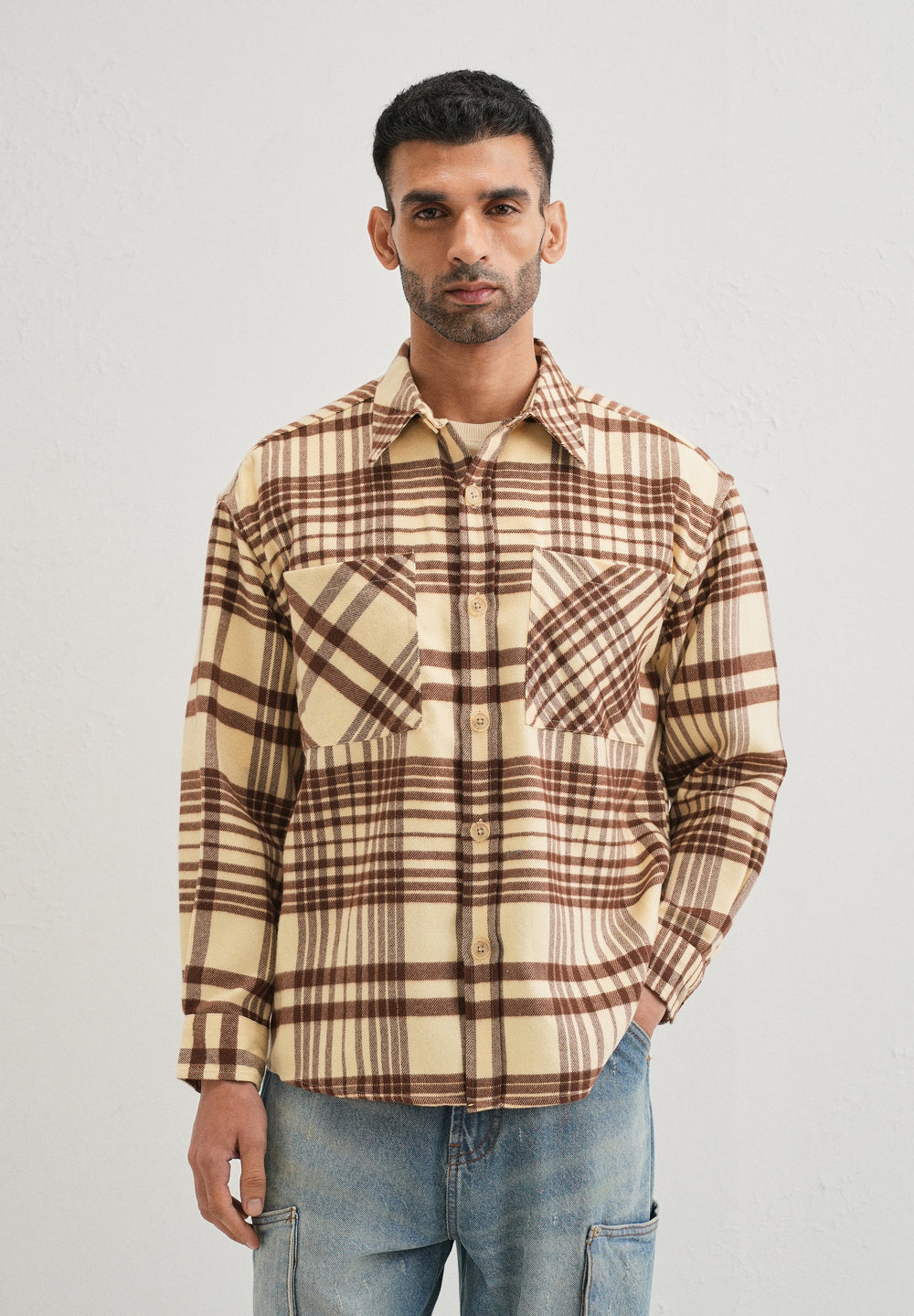 Beige Checked Relaxed Fit Shacket