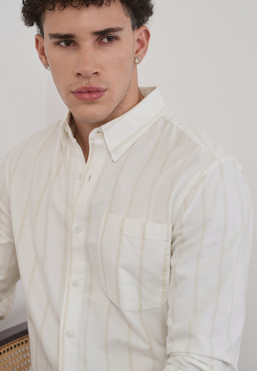 Beige Cluster Stripe Cotton Shirt