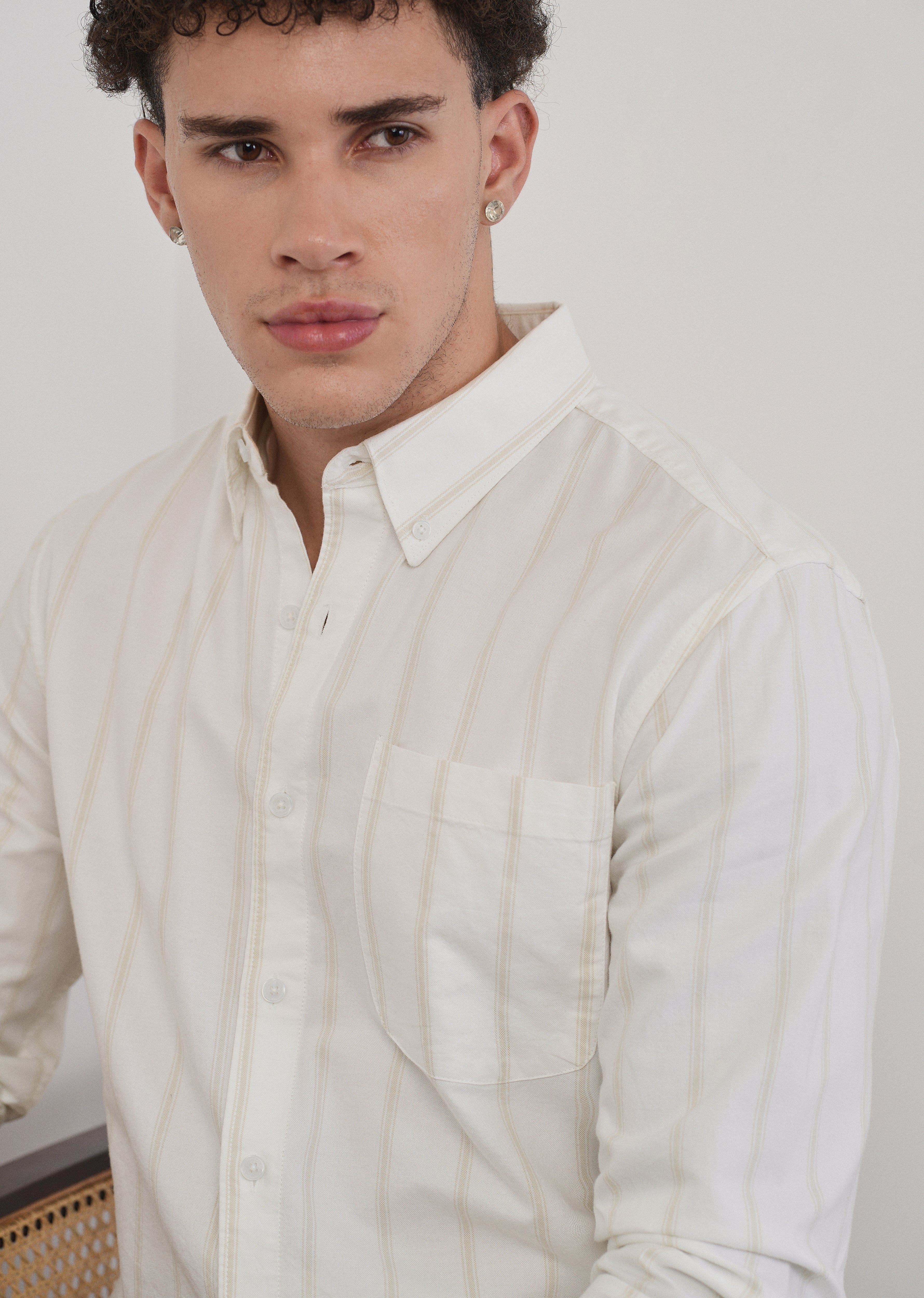 Beige Cluster Stripe Cotton Shirt