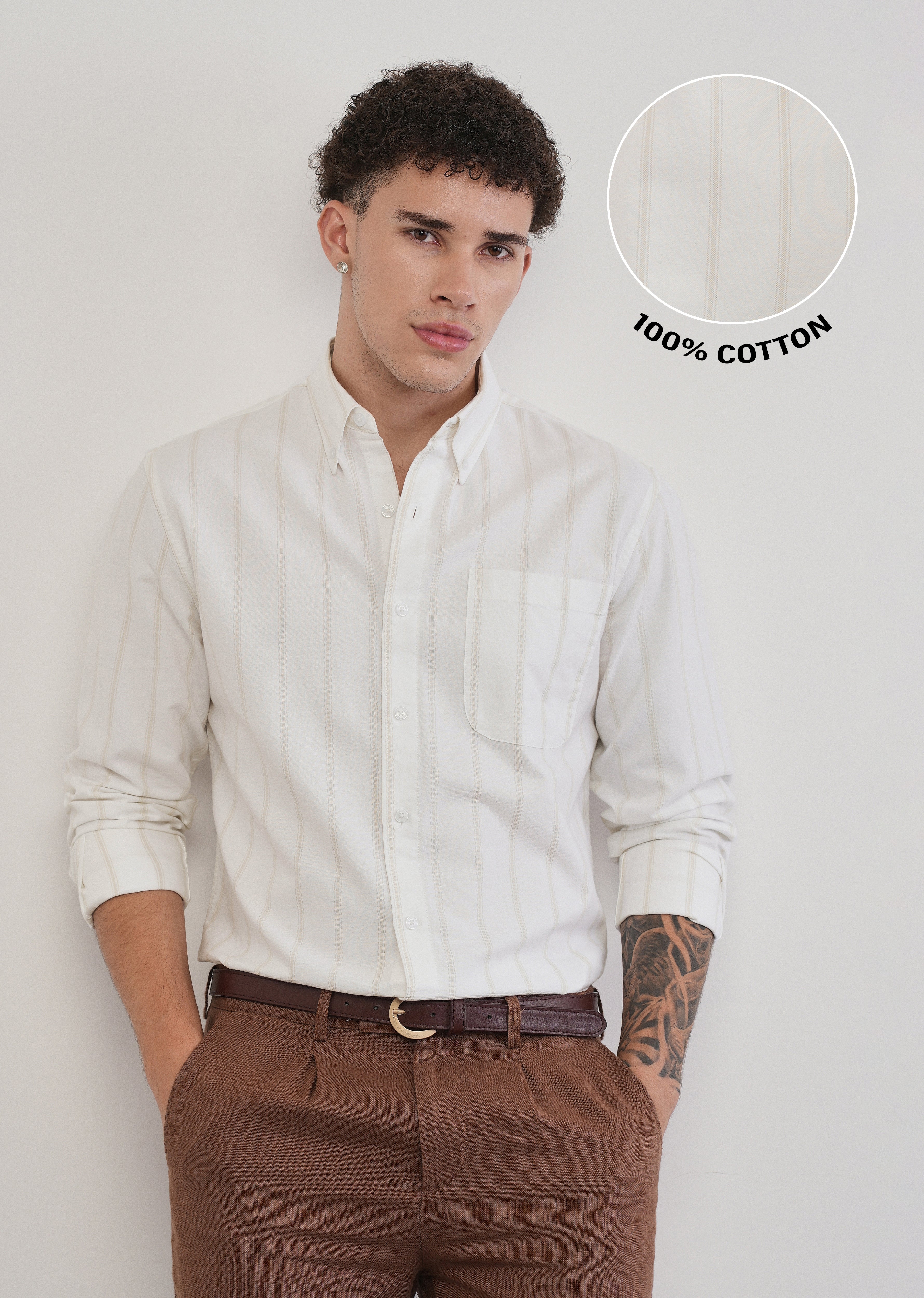 Beige Cluster Stripe Cotton Shirt