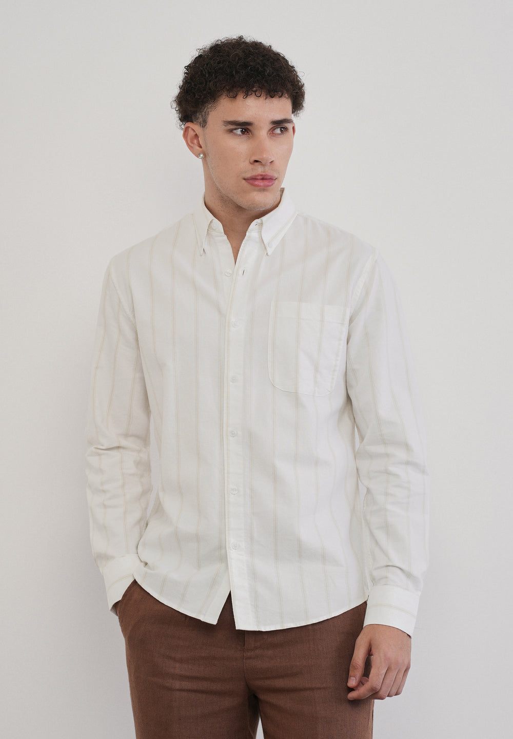 Beige Cluster Stripe Cotton Shirt