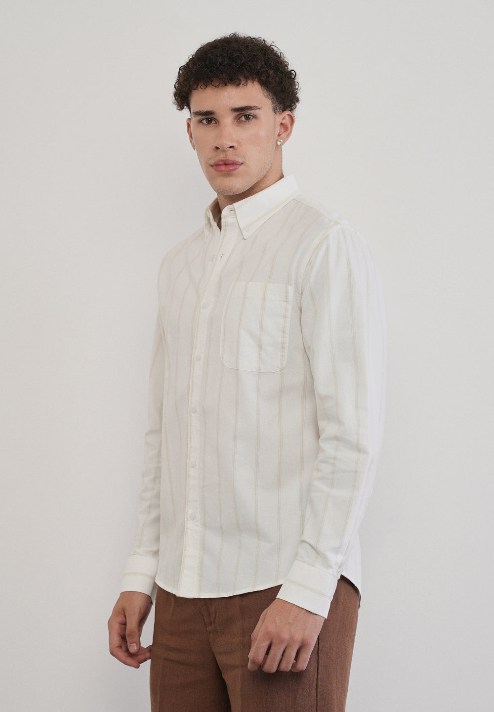 Beige Cluster Stripe Cotton Shirt