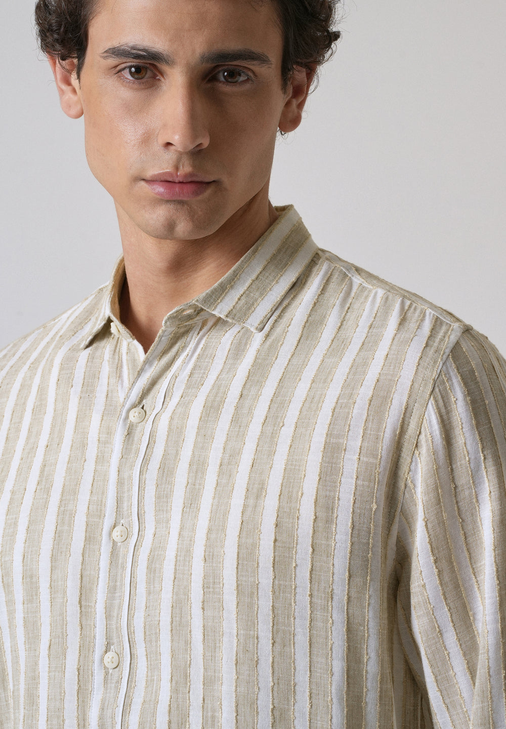 Beige Blended Cotton Striped Shirt
