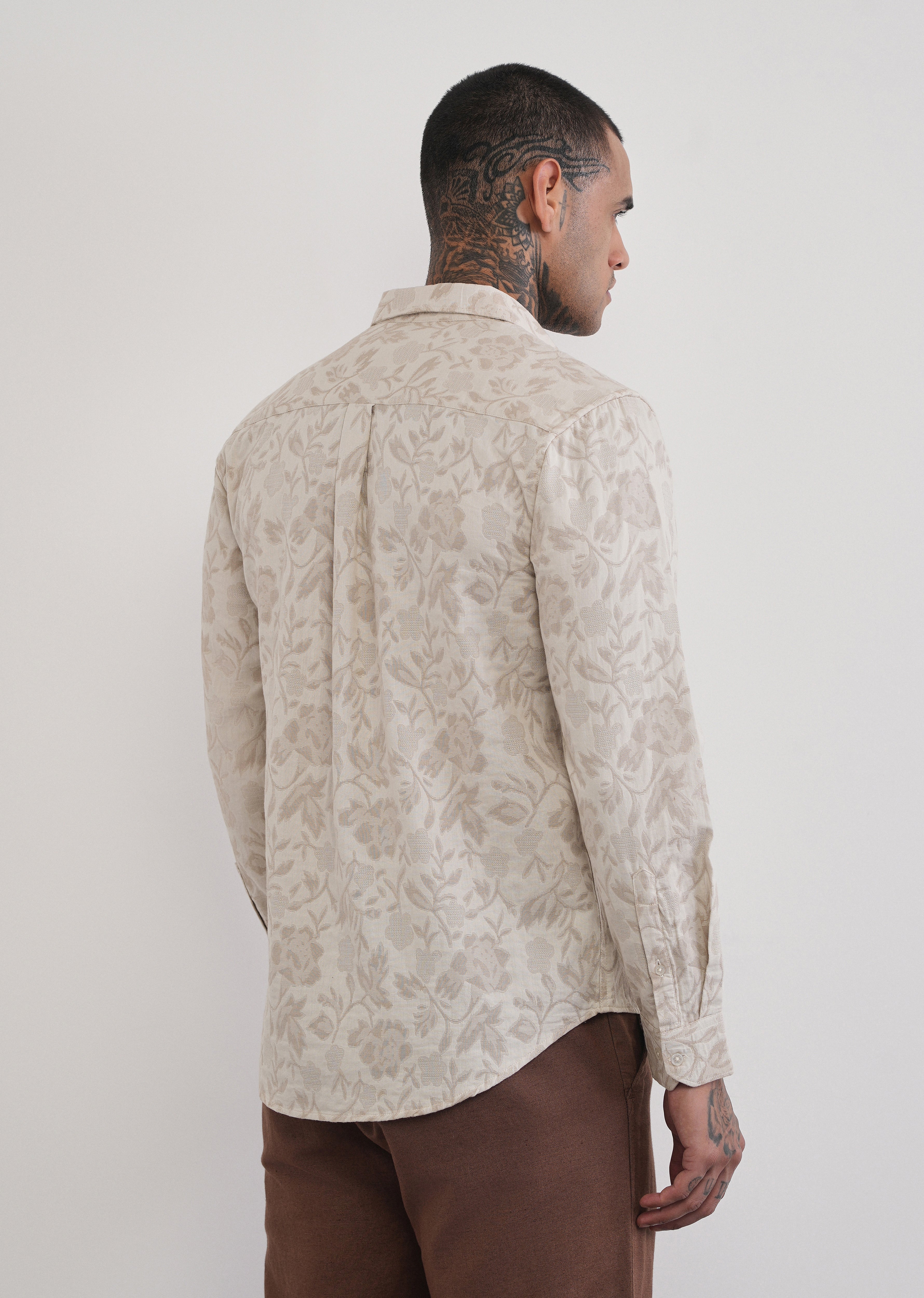 Beige Floral Cotton Jacquard Shirt