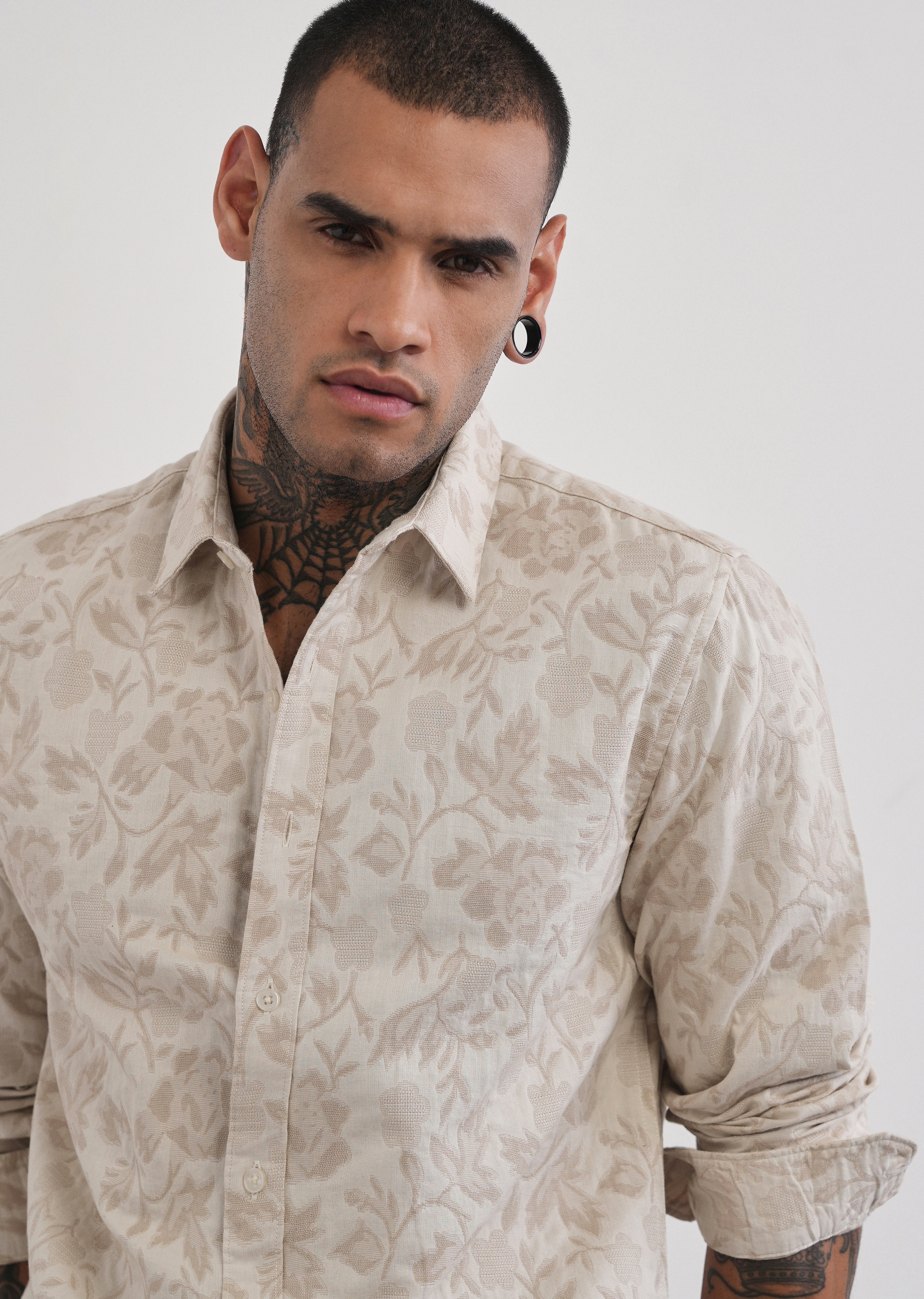 Beige Floral Cotton Jacquard Shirt