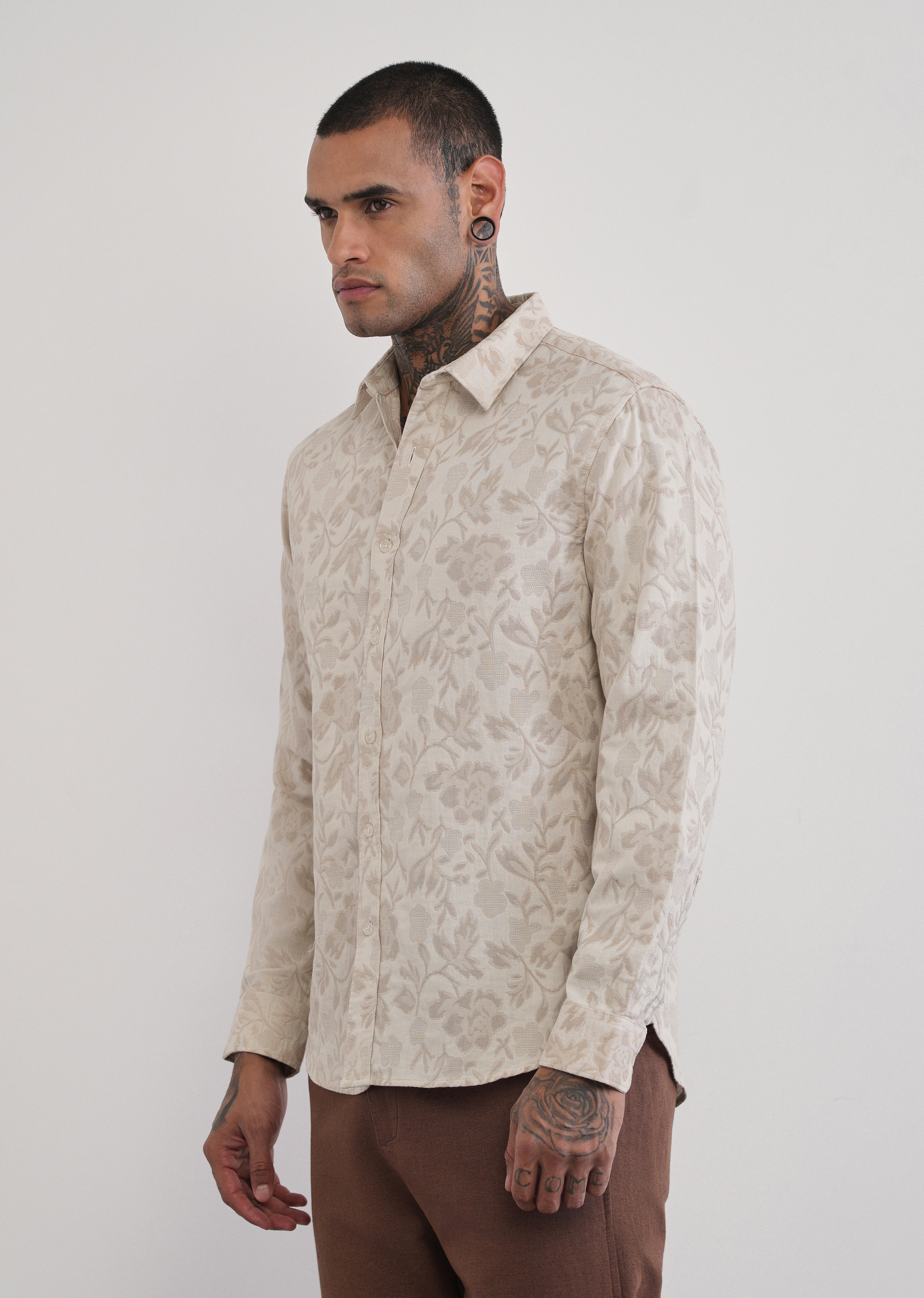 Beige Floral Cotton Jacquard Shirt