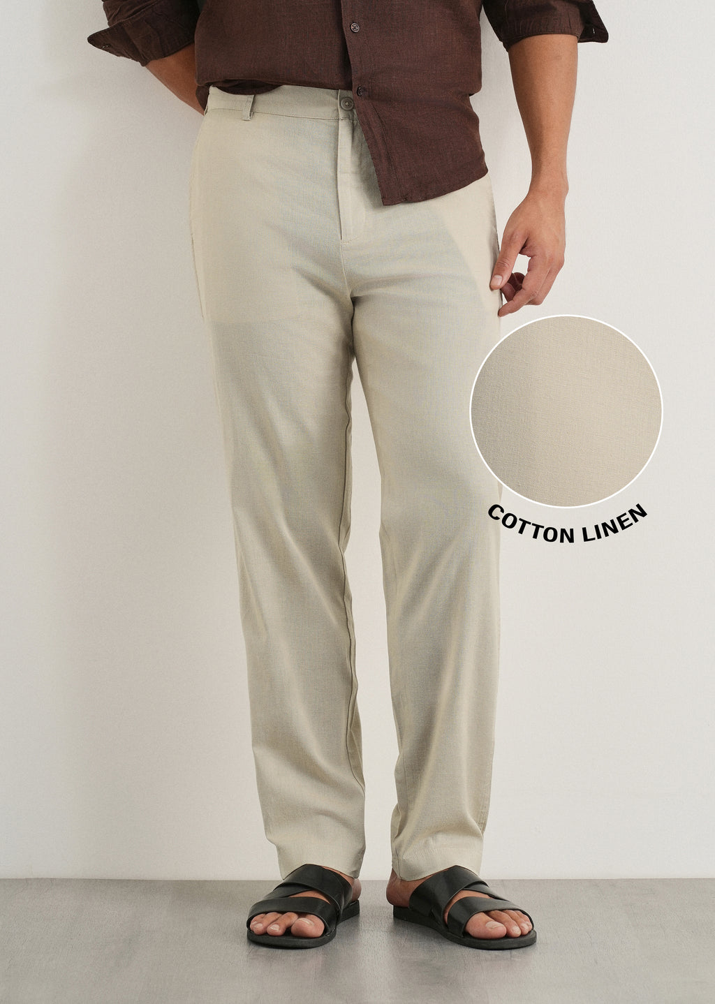 Beige Cotton Linen Regular Fit Pant